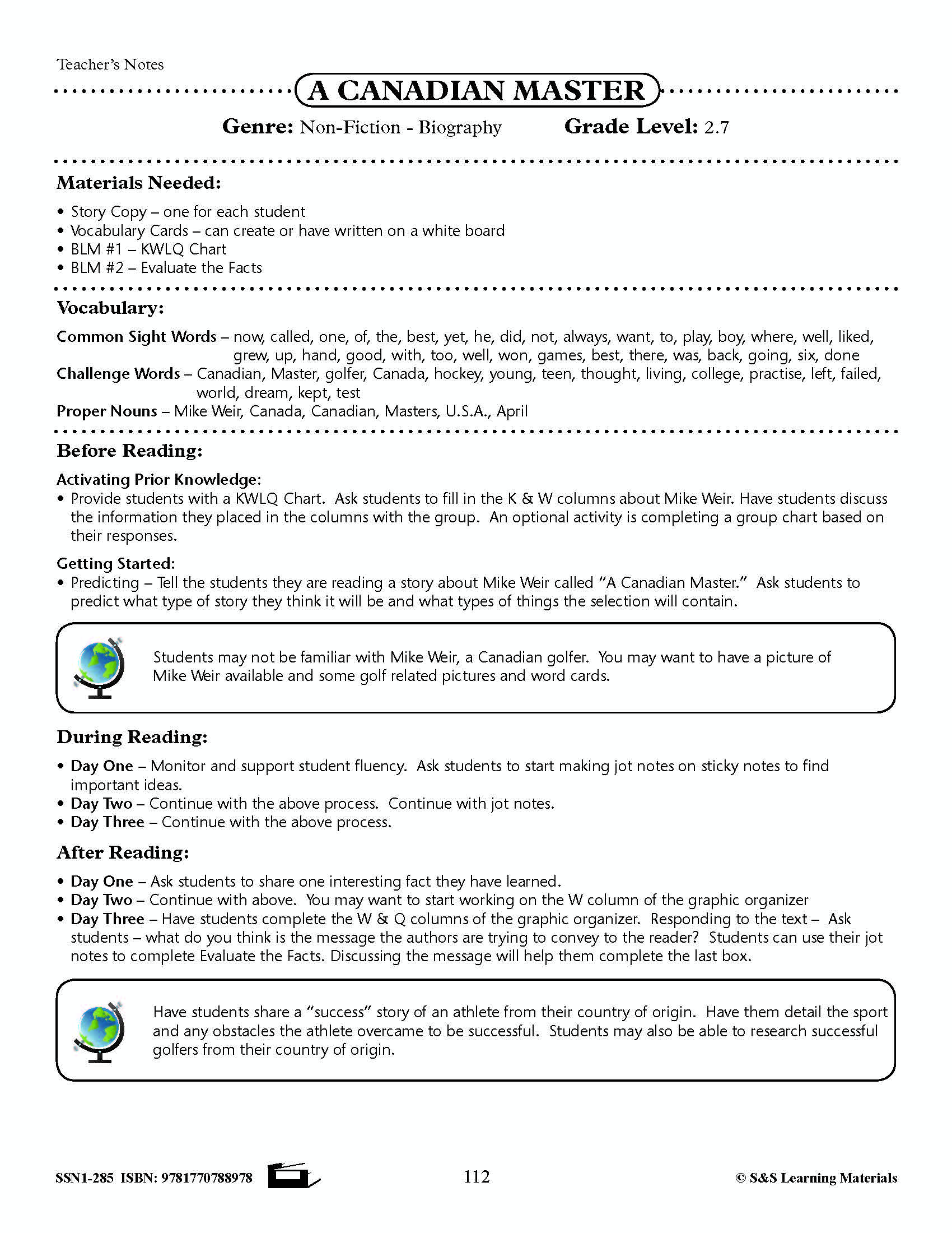 A Canadian Master  - Mike Weir Non-Fiction Biography Gr. 4+ Level 2.7