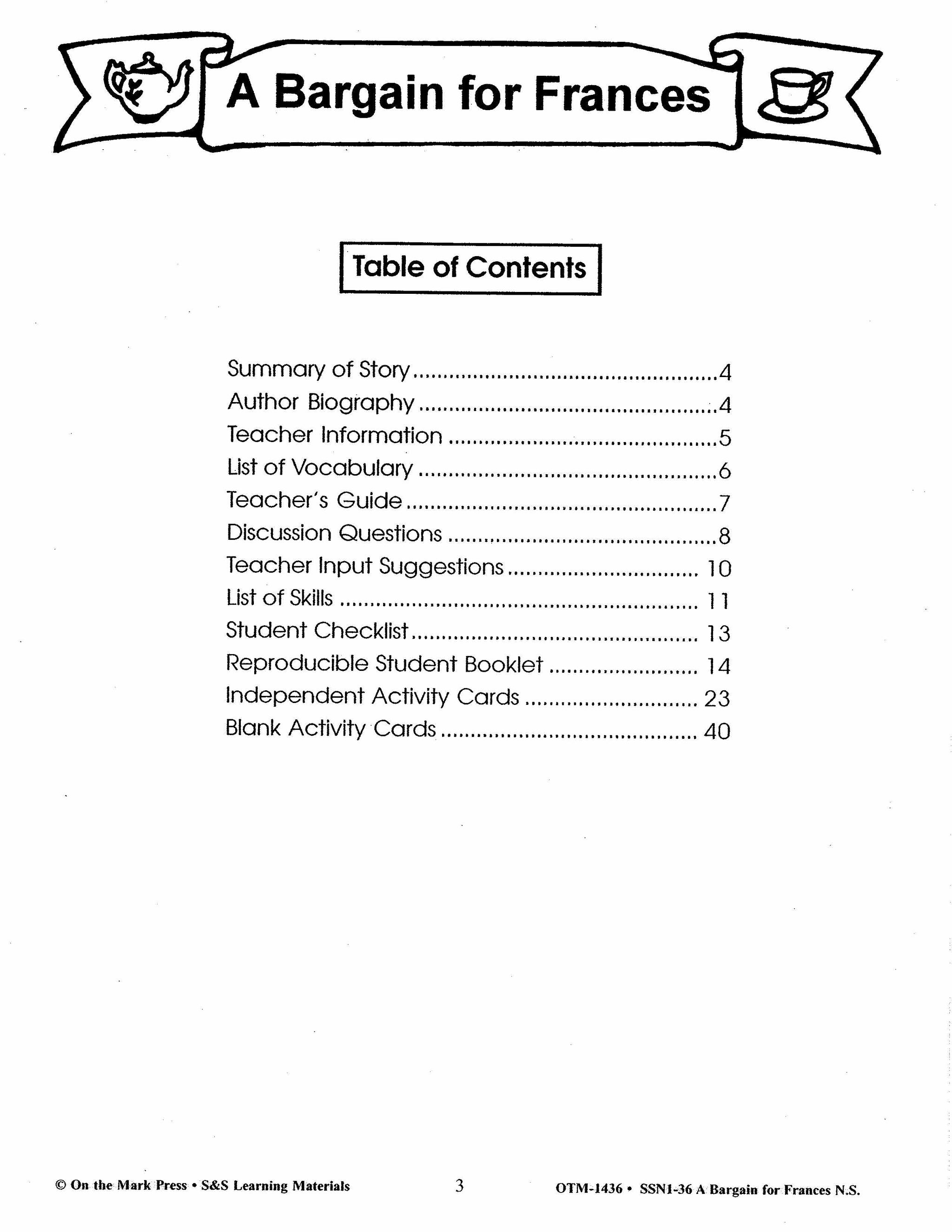 A Bargain for Frances Lit Link/Novel Study Grades 1-3