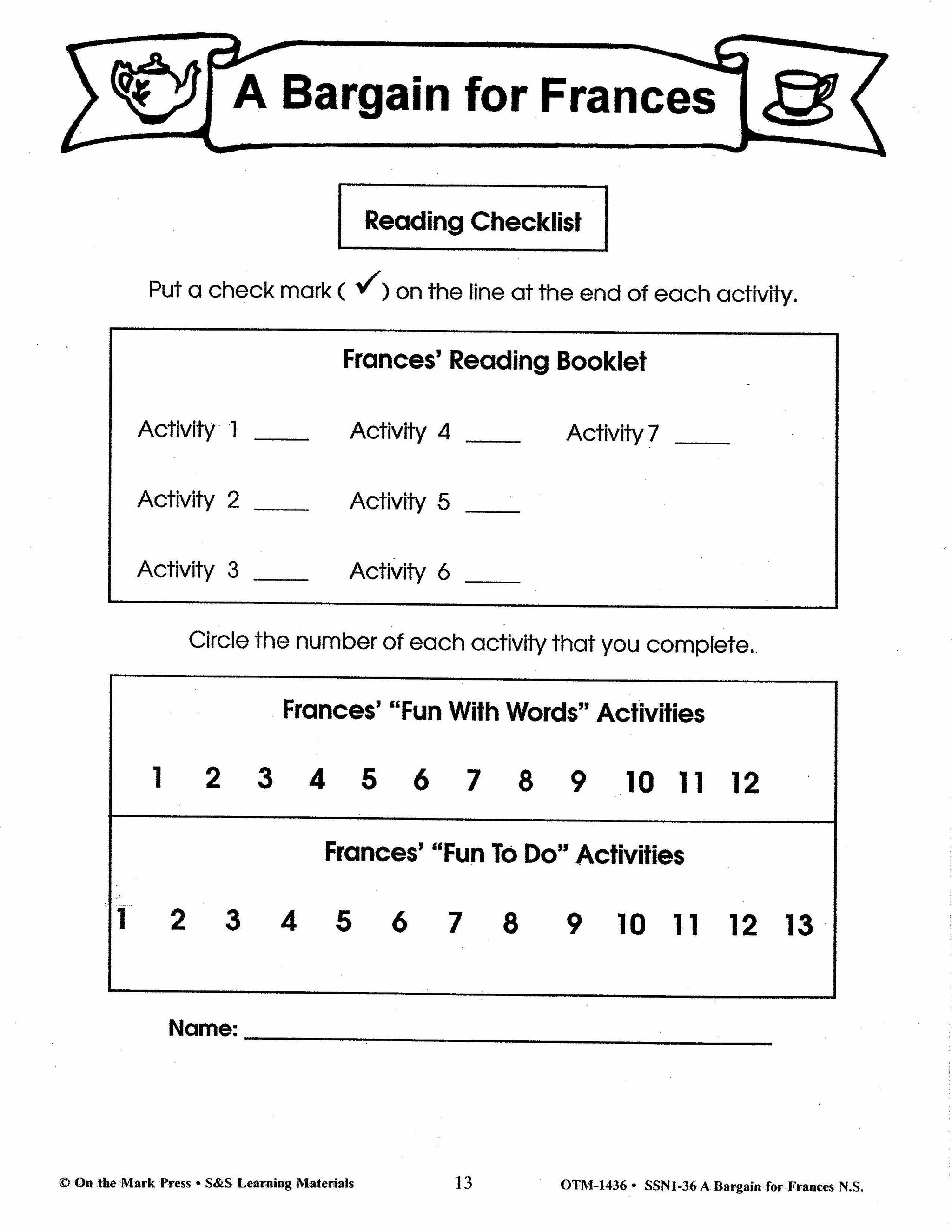 A Bargain for Frances Lit Link/Novel Study Grades 1-3