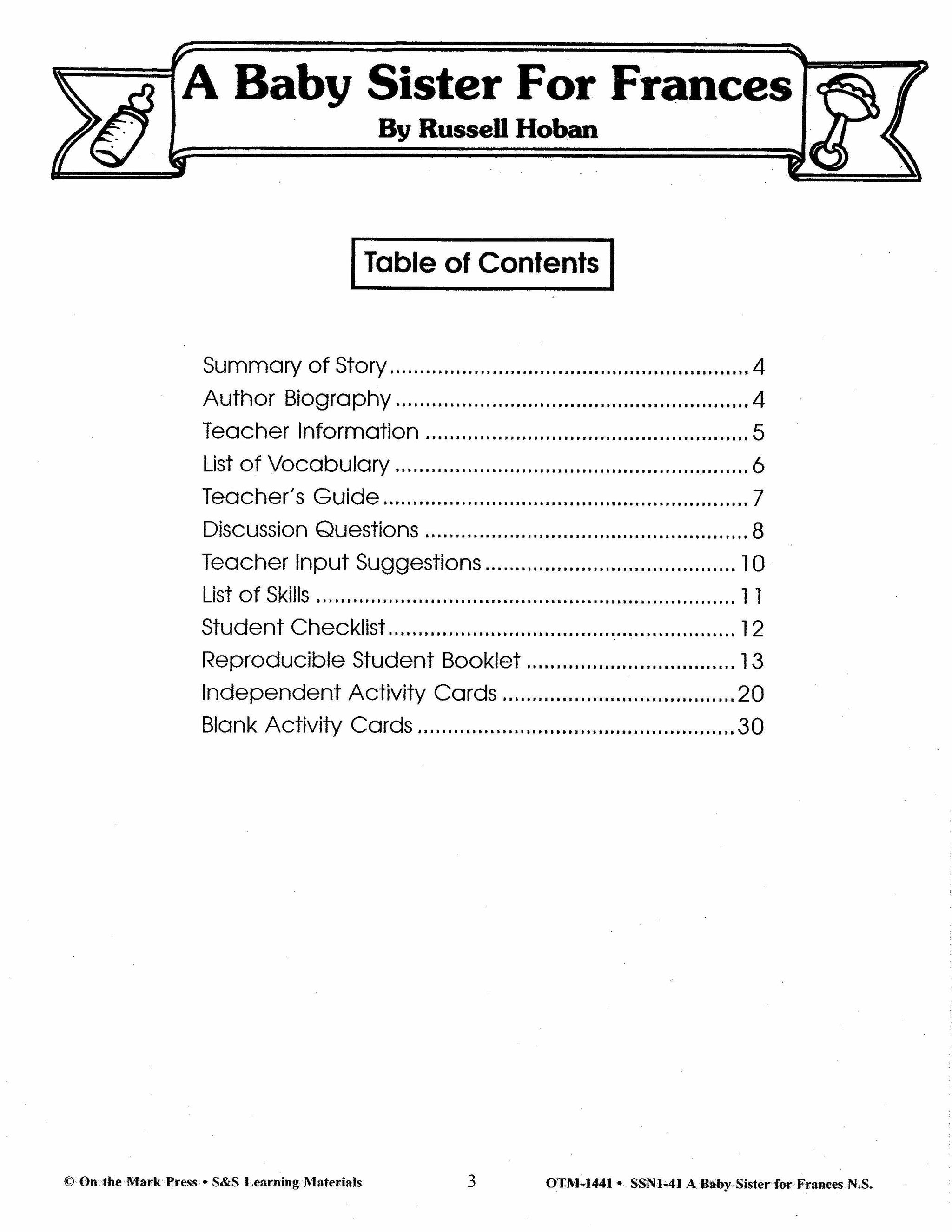 A Baby Sister for Frances Lit Link/Novel Study Grades 1-3