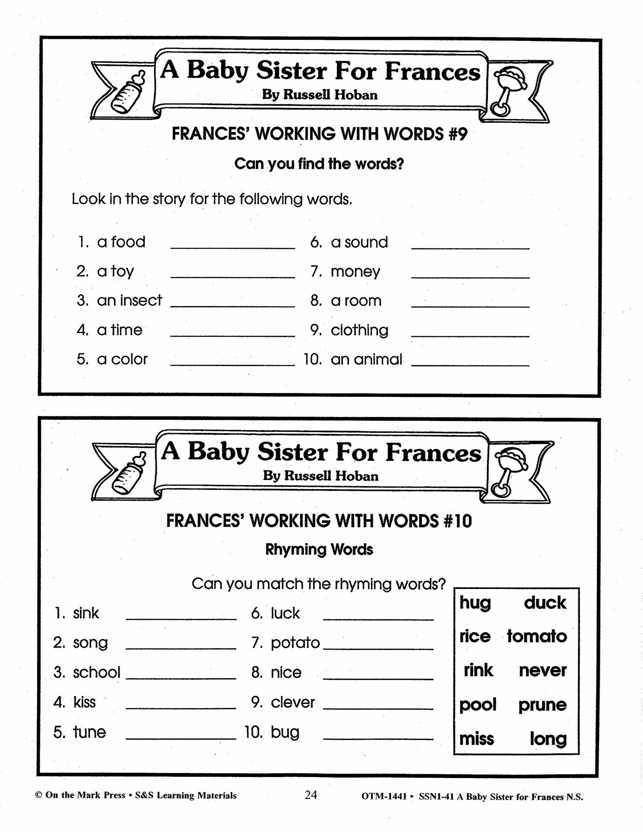 A Baby Sister for Frances Lit Link/Novel Study Grades 1-3