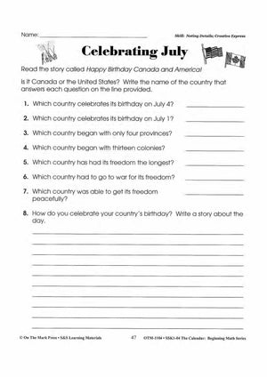 Monthly Calendar Stories & Activities Grades 1-3