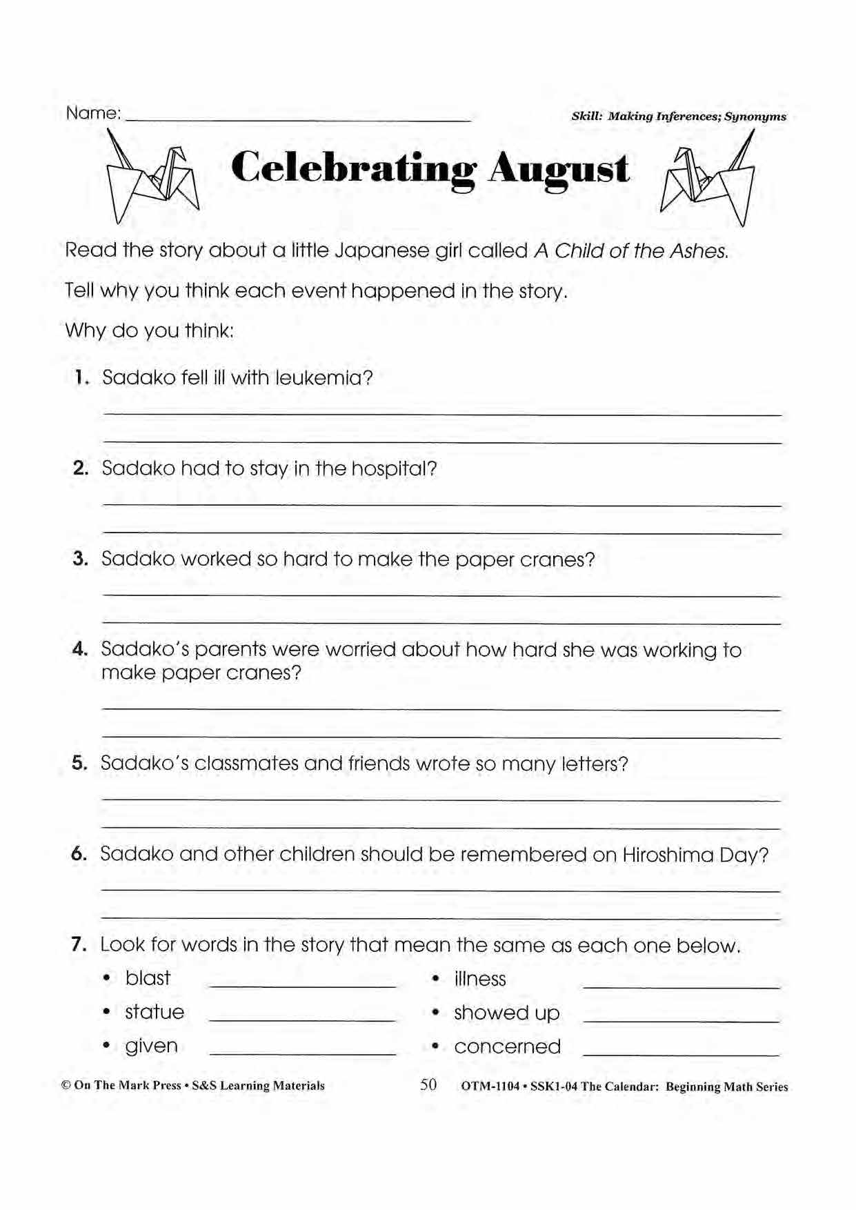 Monthly Calendar Stories & Activities Grades 1-3
