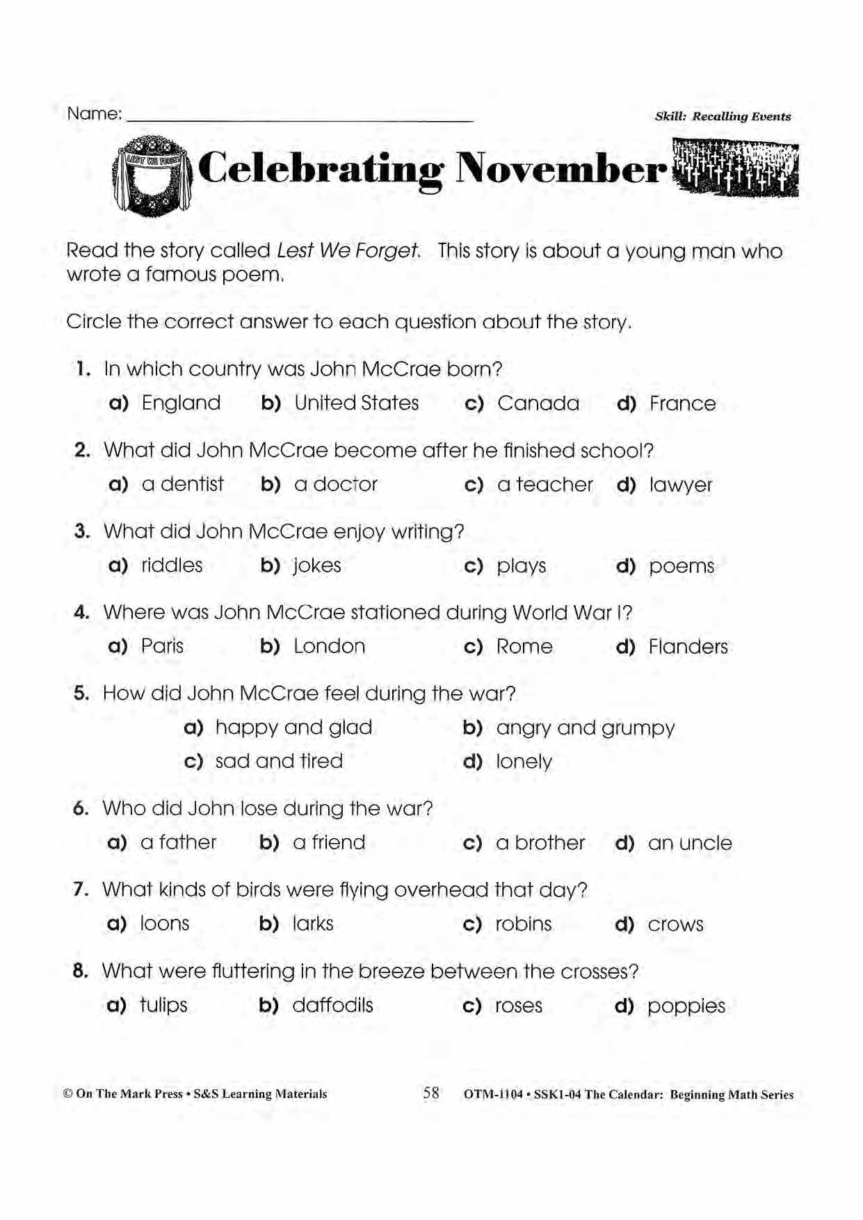 Monthly Calendar Stories & Activities Grades 1-3