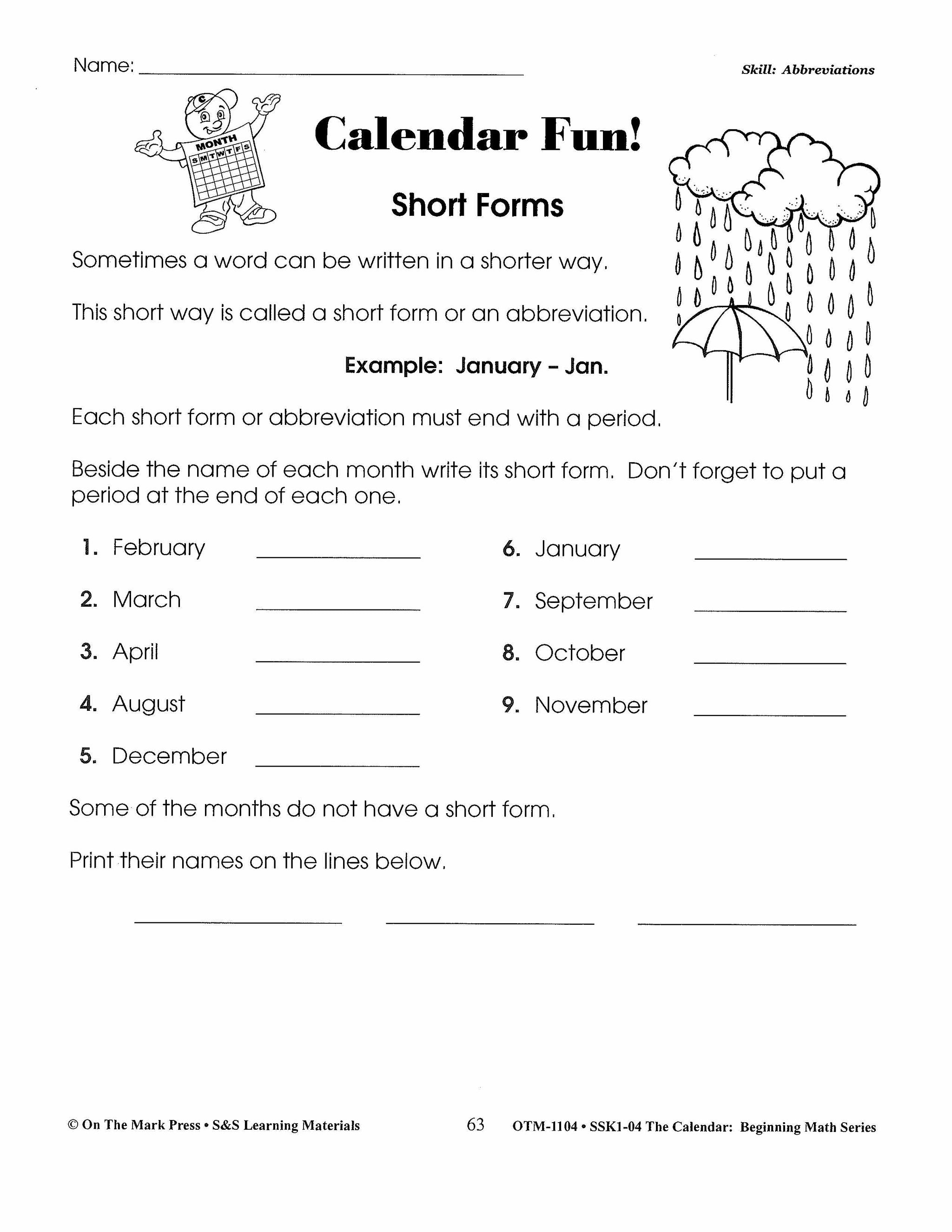 Calendar Activities Grades 1-3