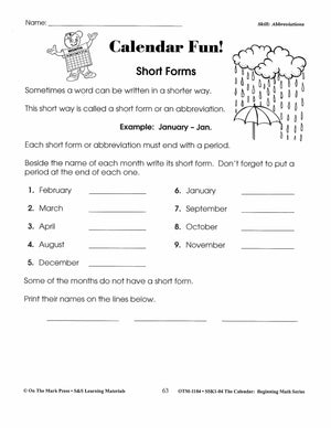 Calendar Activities Grades 1-3