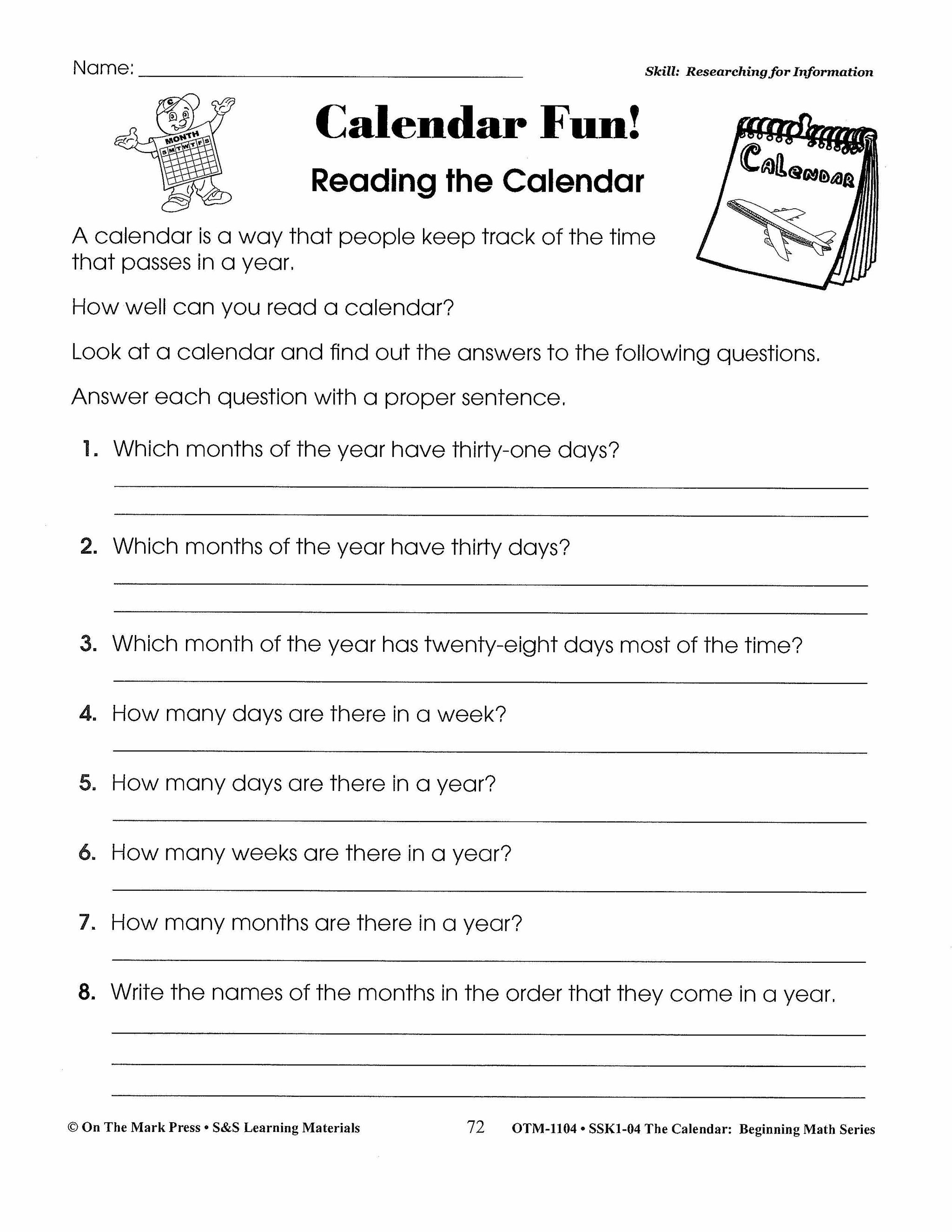 Calendar Activities Grades 1-3