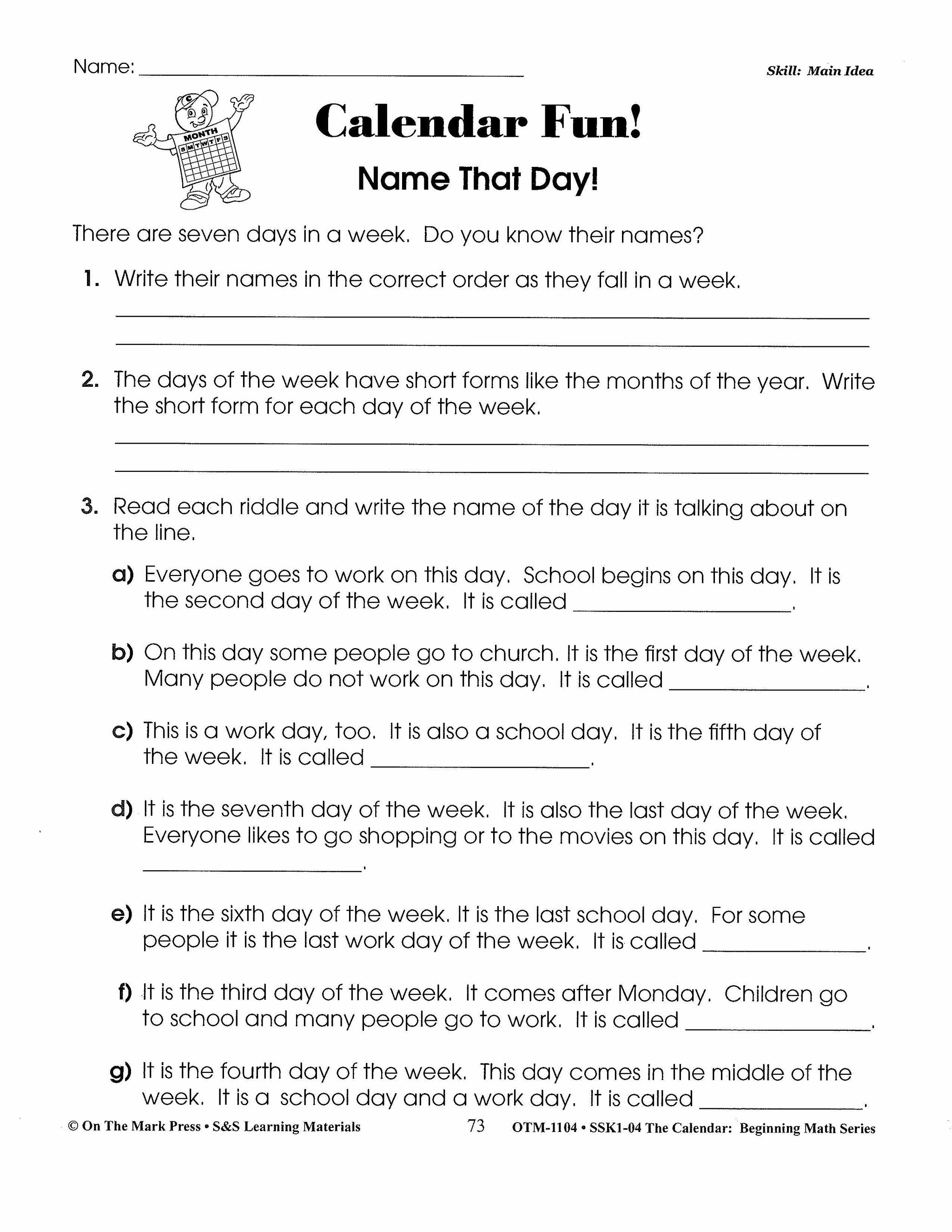 Calendar Activities Grades 1-3