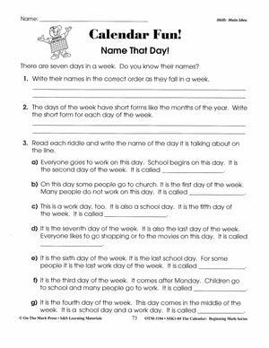 Calendar Activities Grades 1-3