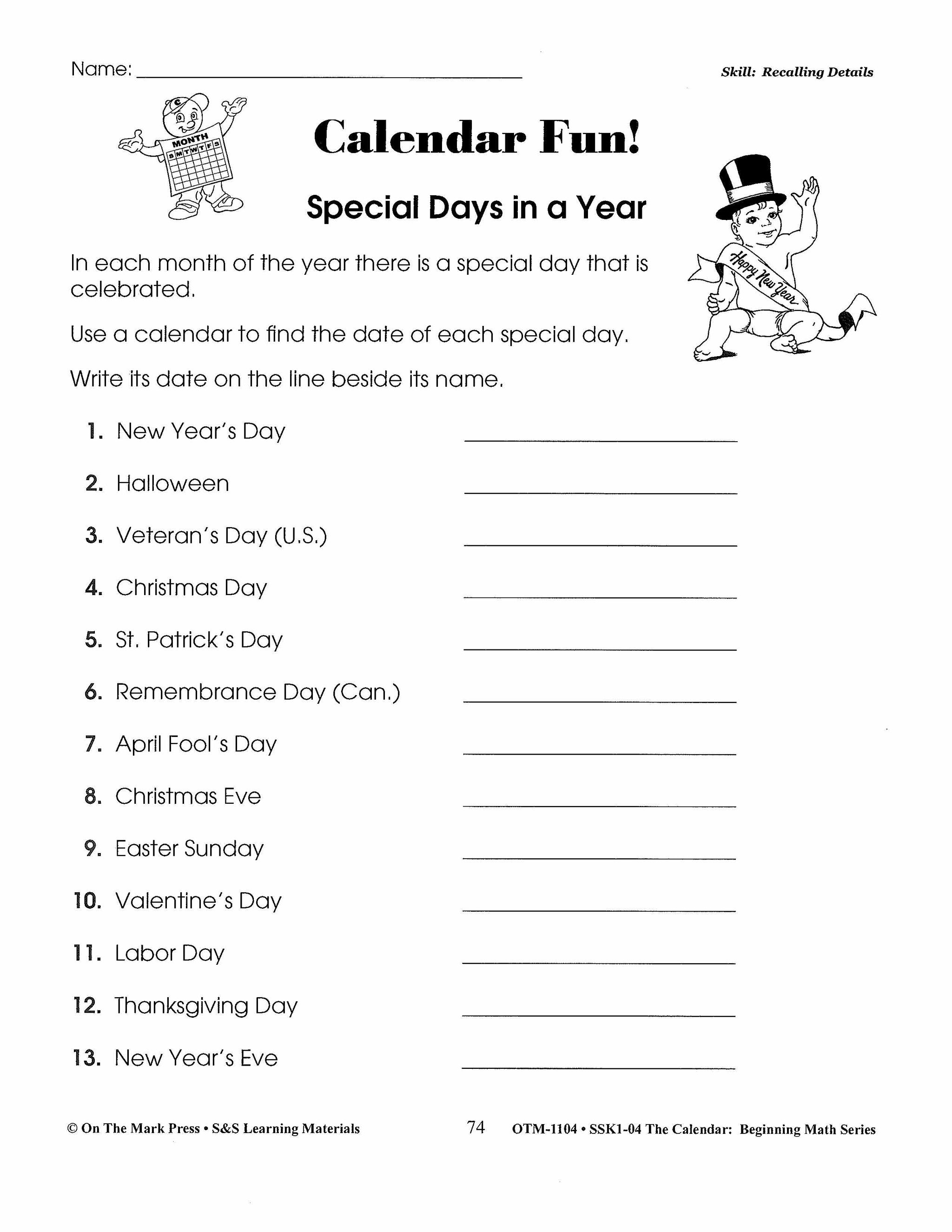 Calendar Activities Grades 1-3