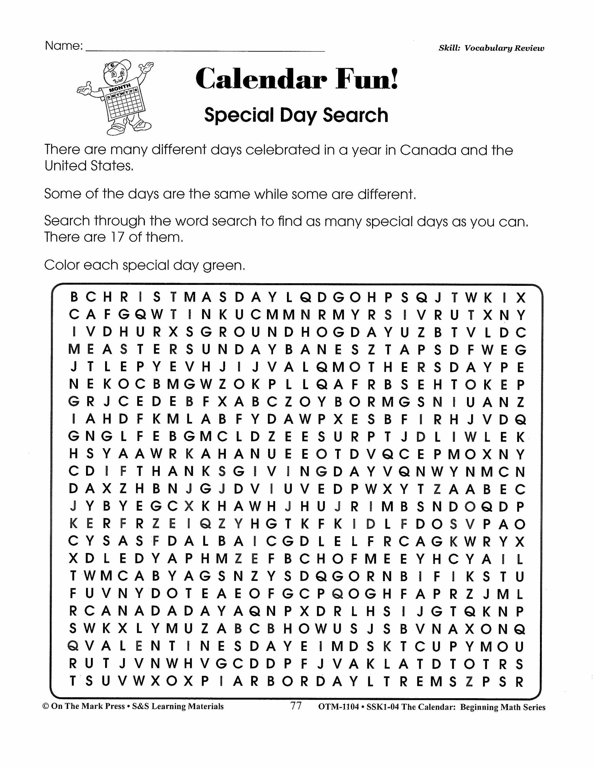 Calendar Activities Grades 1-3