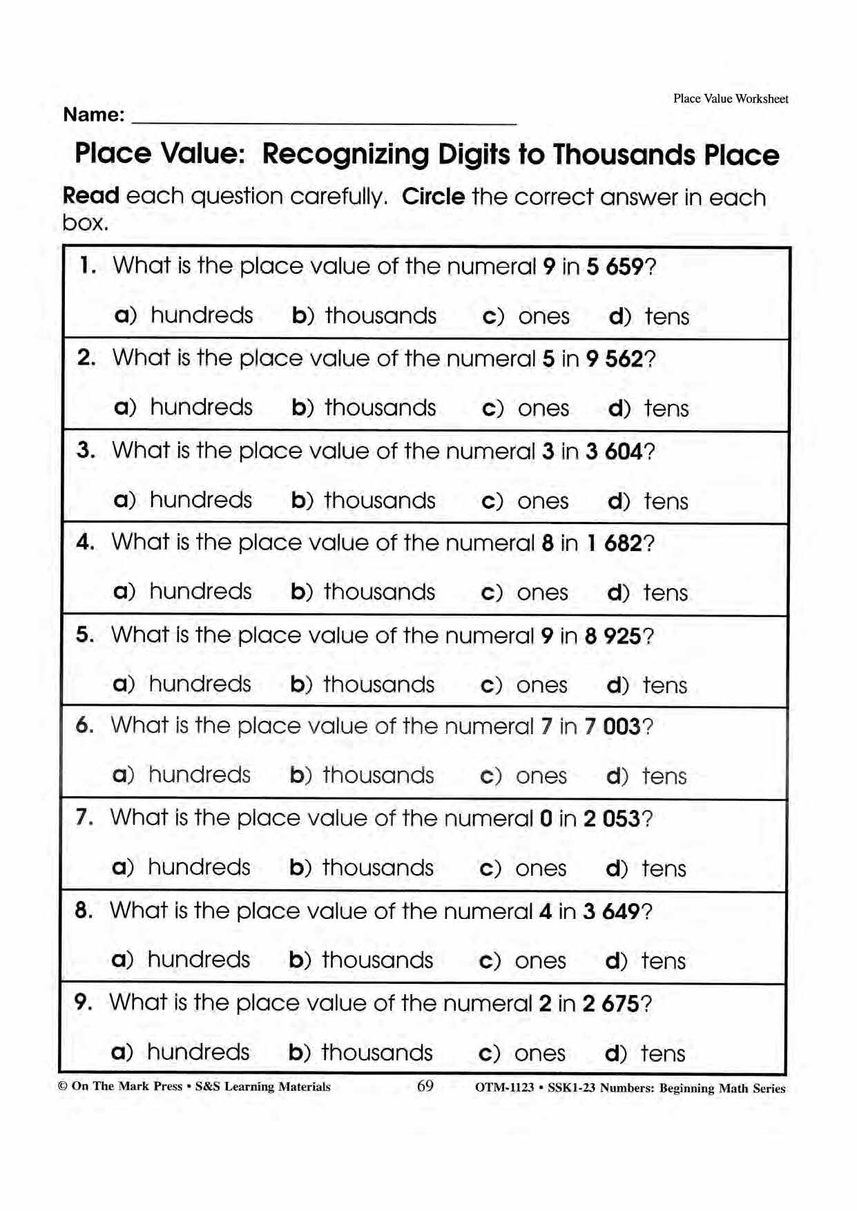 Place Value Worksheets Grades 1-3