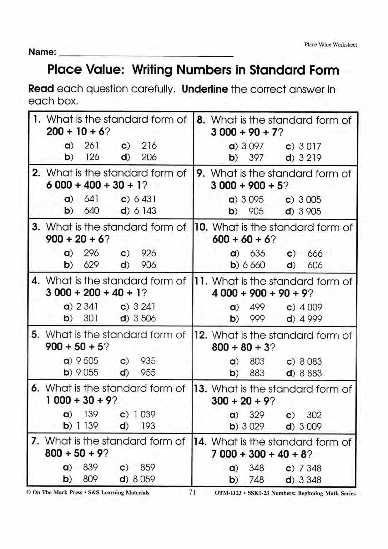 Place Value Worksheets Grades 1-3