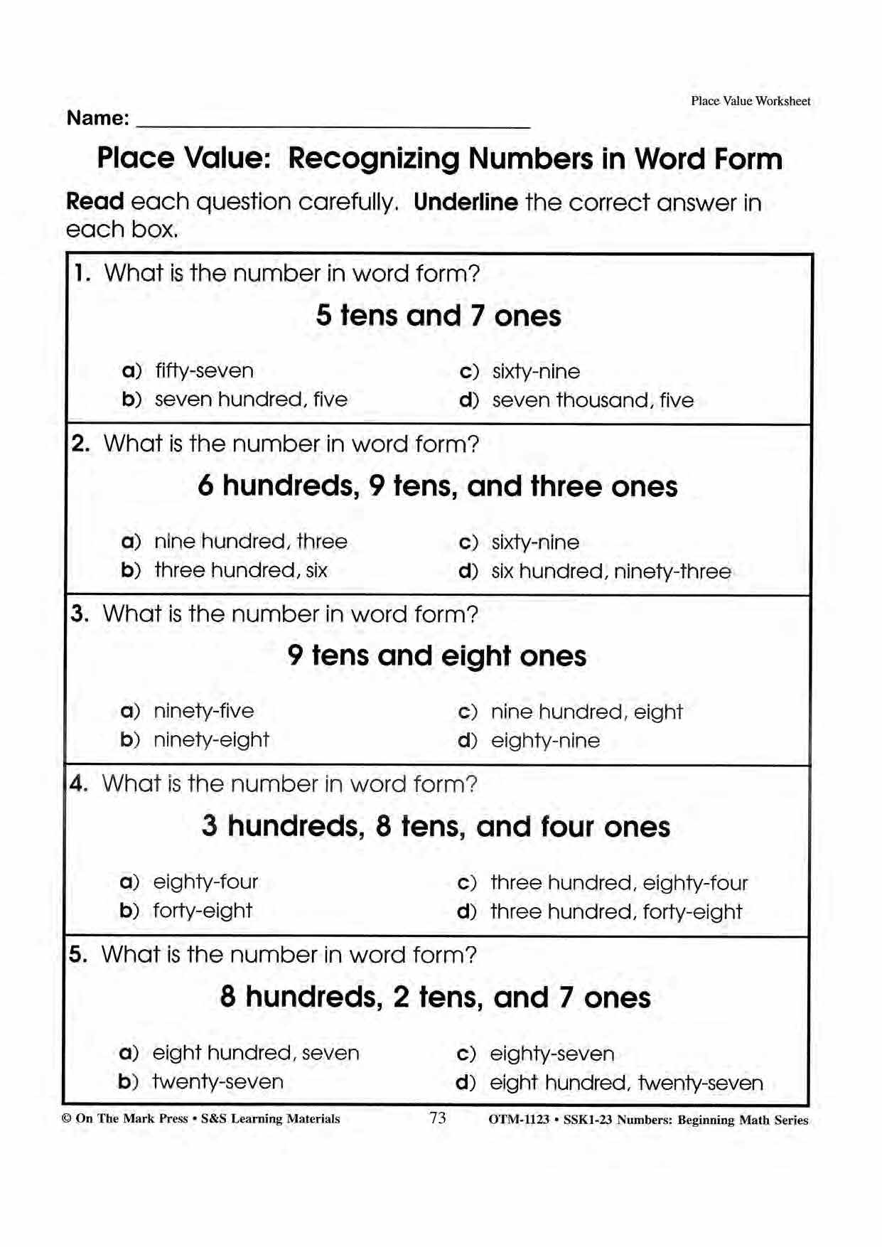 Place Value Worksheets Grades 1-3