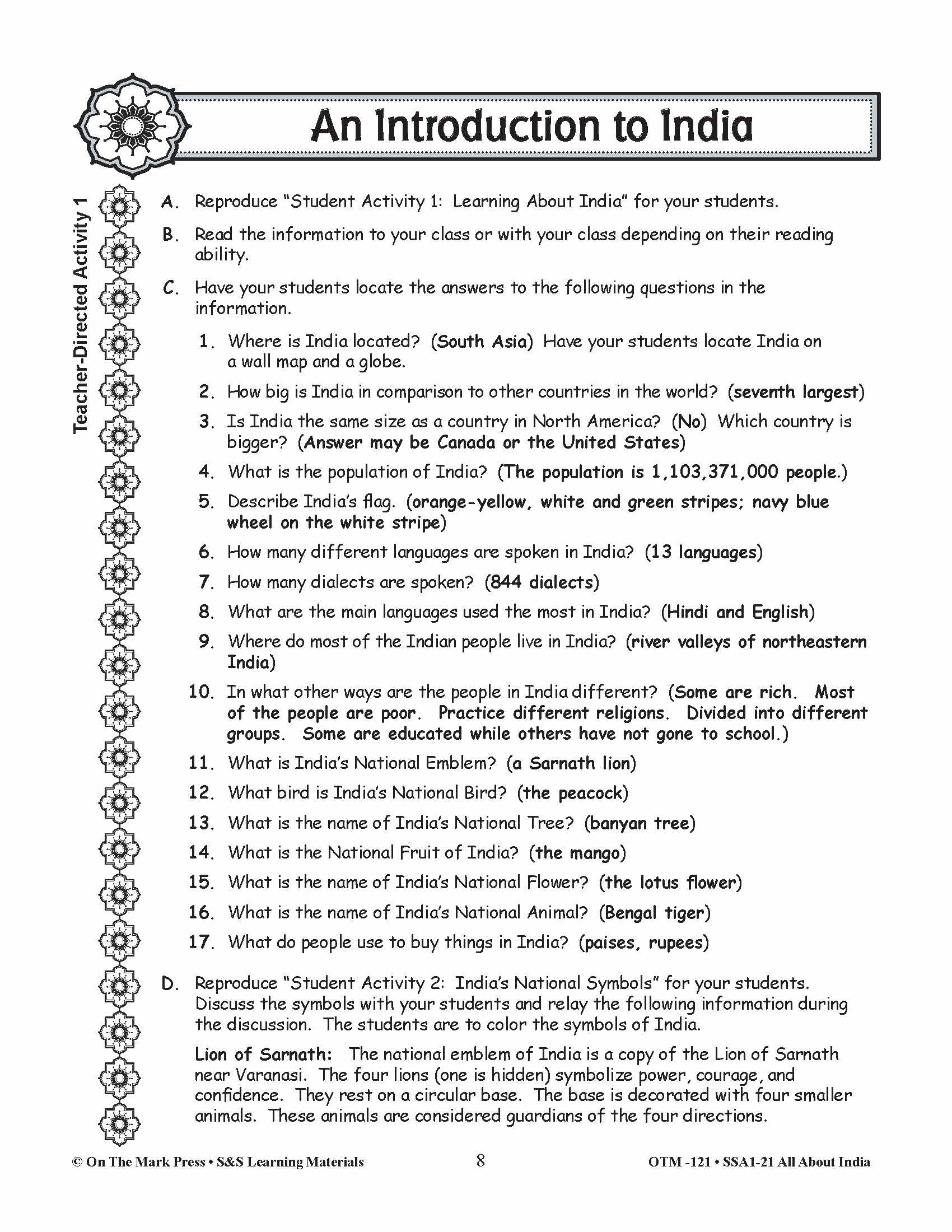 An Introduction to India - A Teacher Directed Lesson Plan Grades 3-5