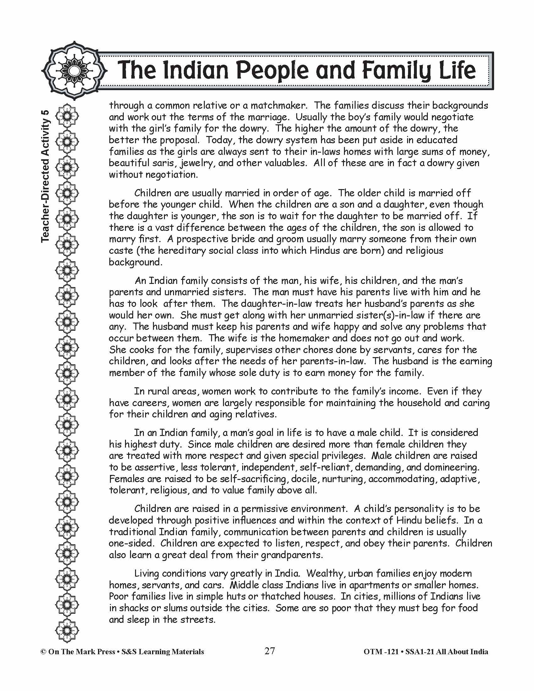 The Indian People and Family Life Grades 3-5 Lesson Plan