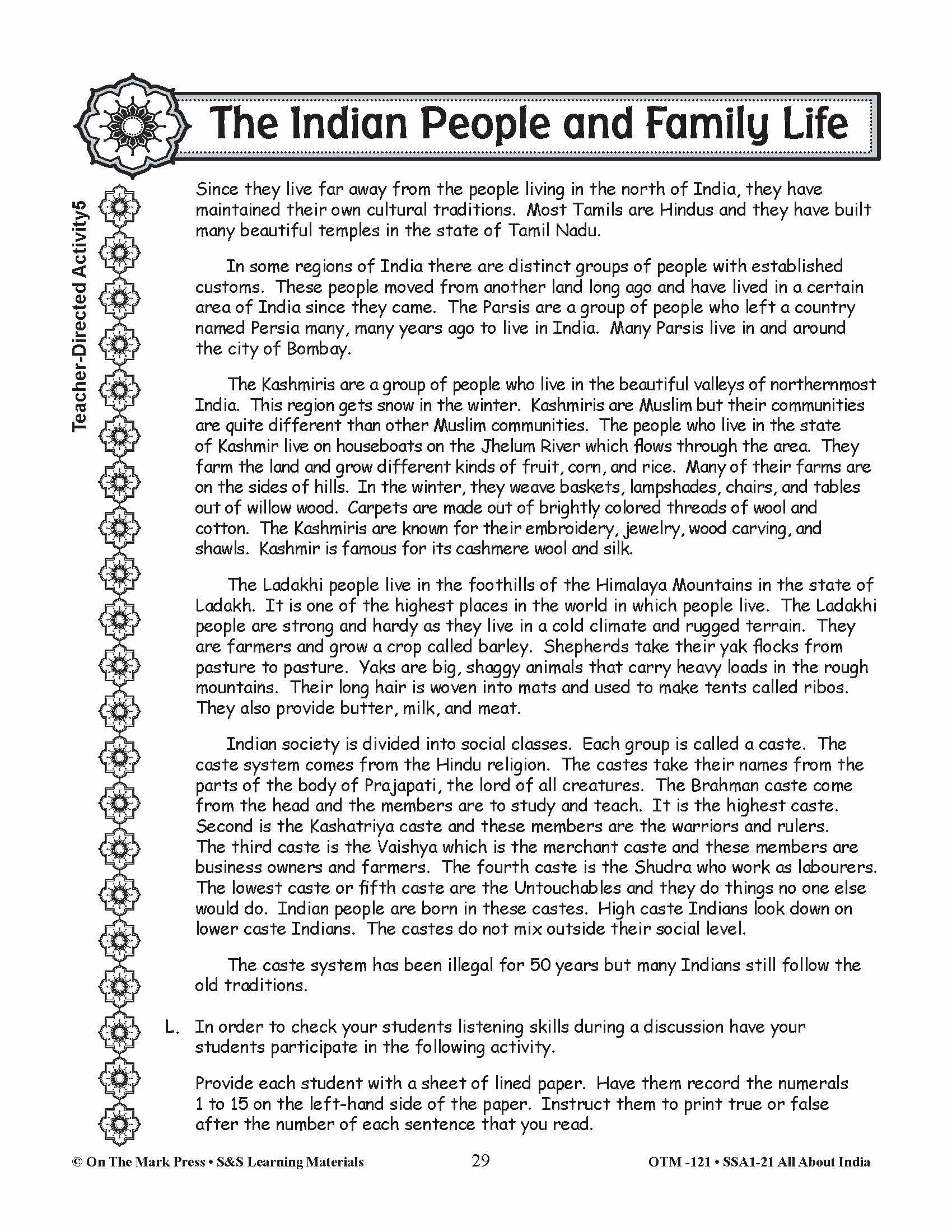 The Indian People and Family Life Grades 3-5 Lesson Plan