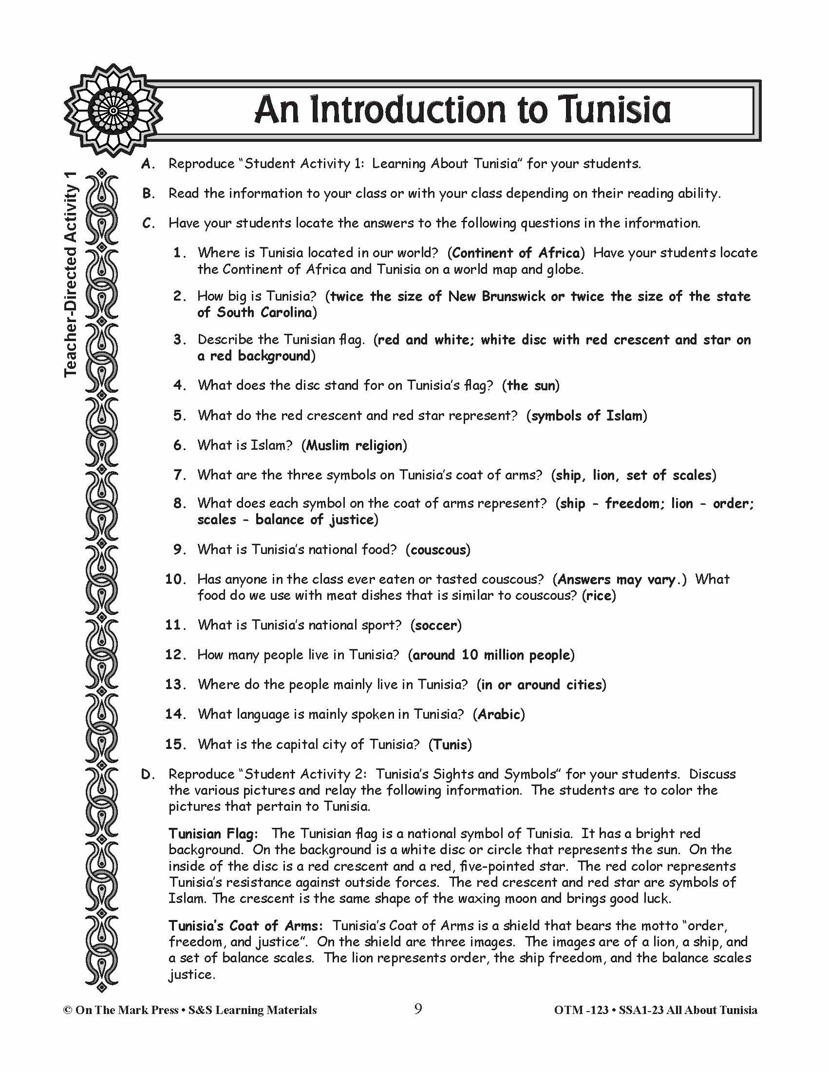 An Introduction to Tunisia- A Teacher Directed Lesson Plan Grades 3-5
