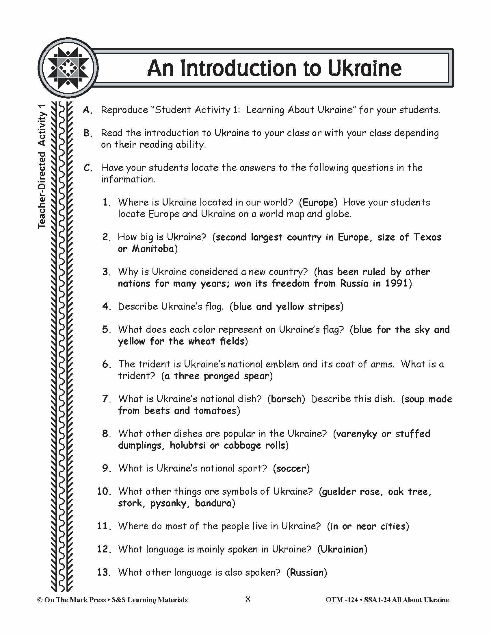 An Introduction to Ukraine - A Teacher Directed Lesson Plan Grades 3-5