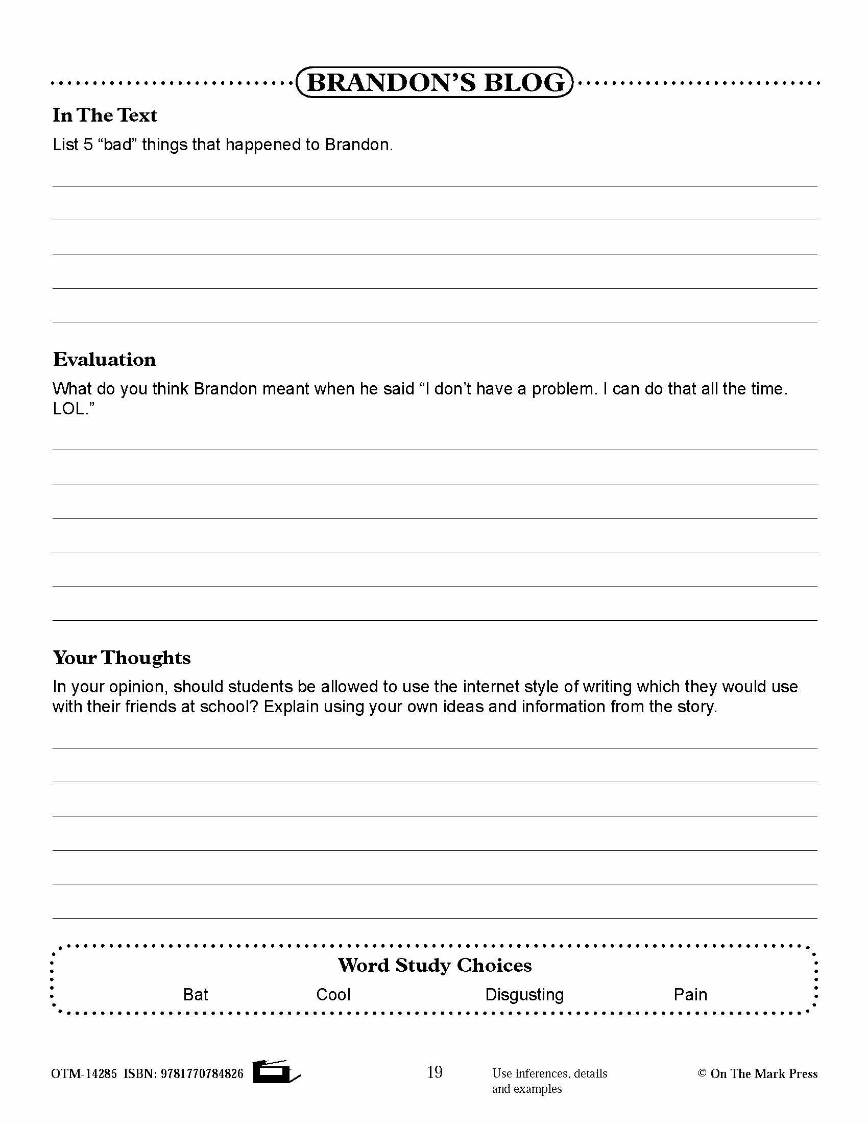 Brandon's Blog (Fiction-Recount Writing) Reading Level 1.9