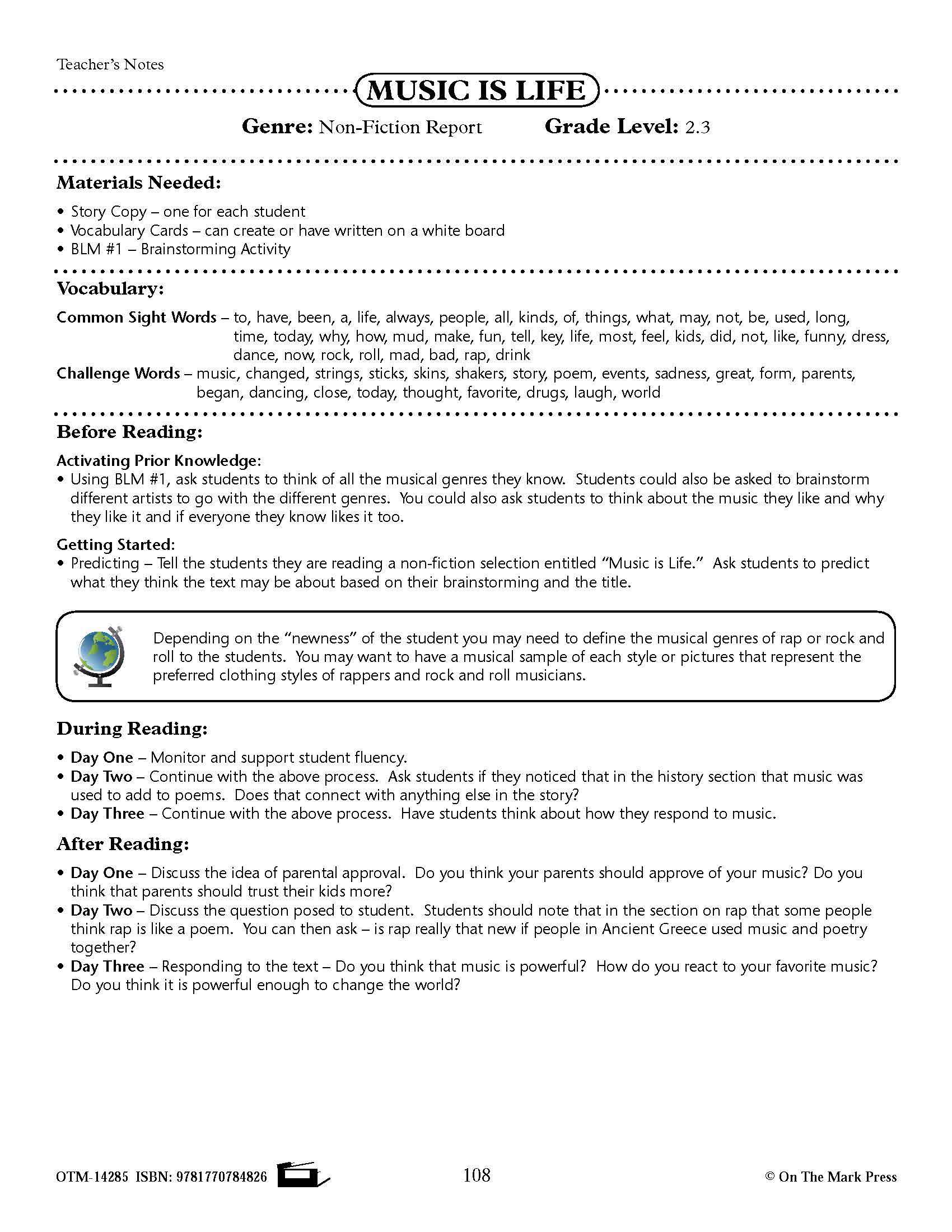 Music is Life (Non-Fiction - Report) Reading Level 2.3 Common Core