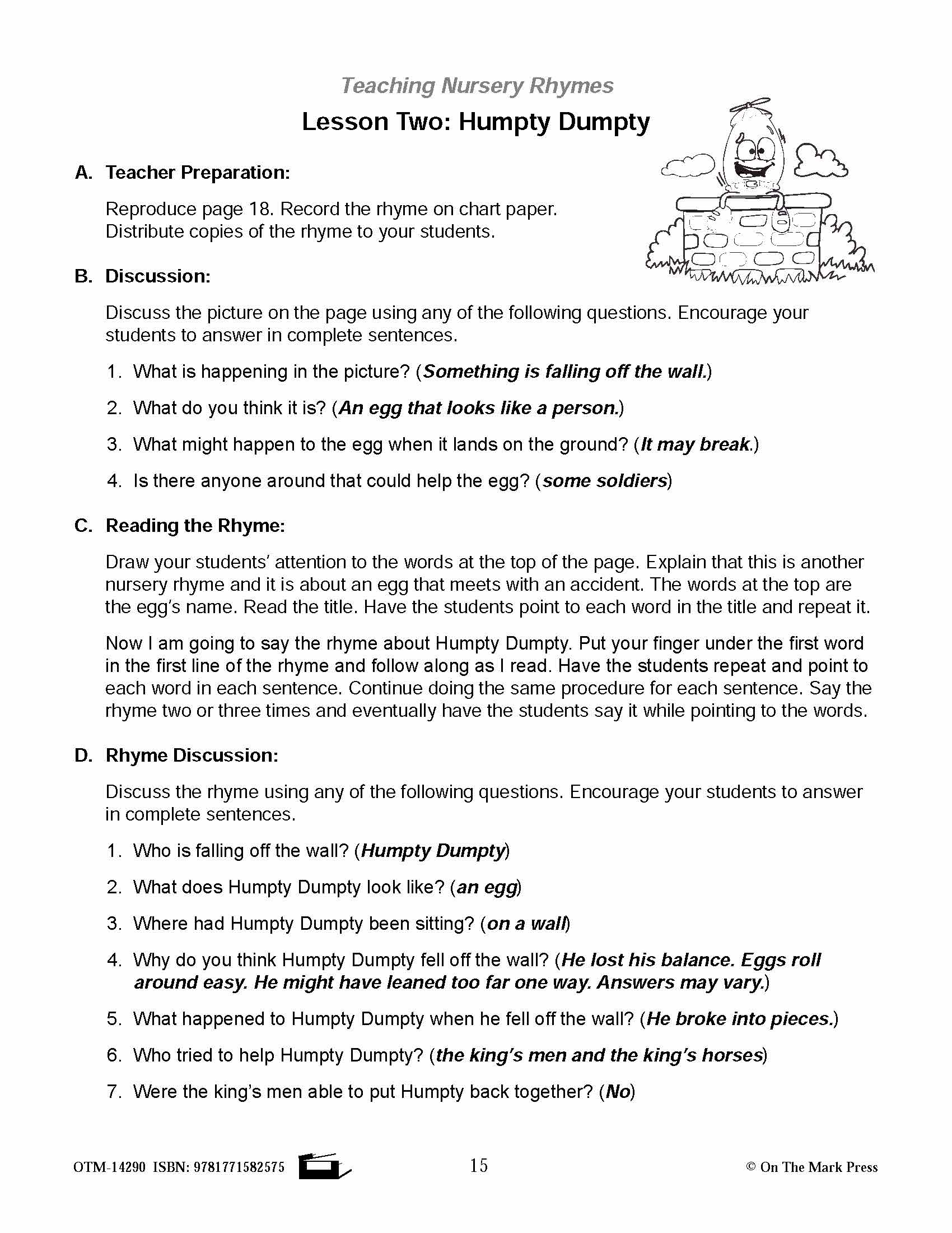 Humpty Dumpty Literacy Building  Aligned To Common Core Gr. PK-K