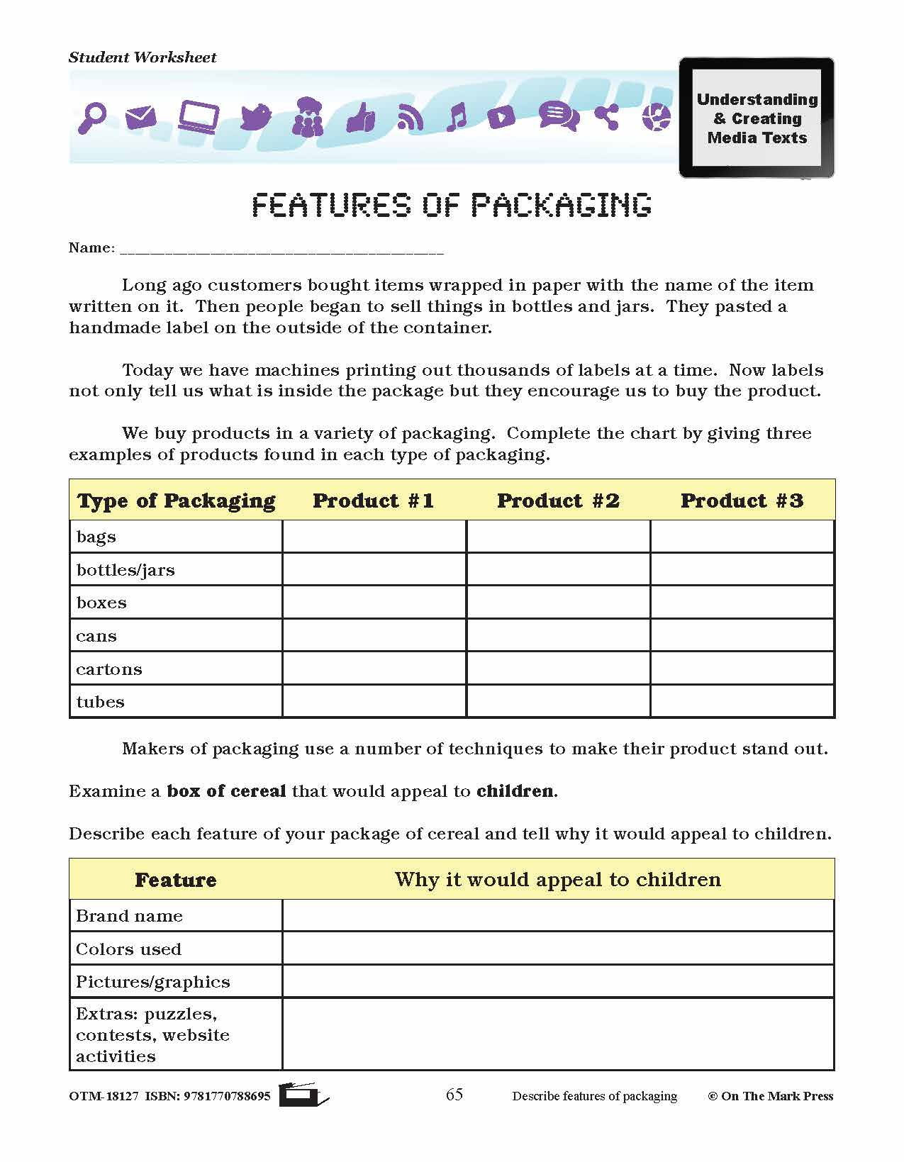 Features of Packaging Lesson Plan Grades 4-6 - Aligned to Common Core