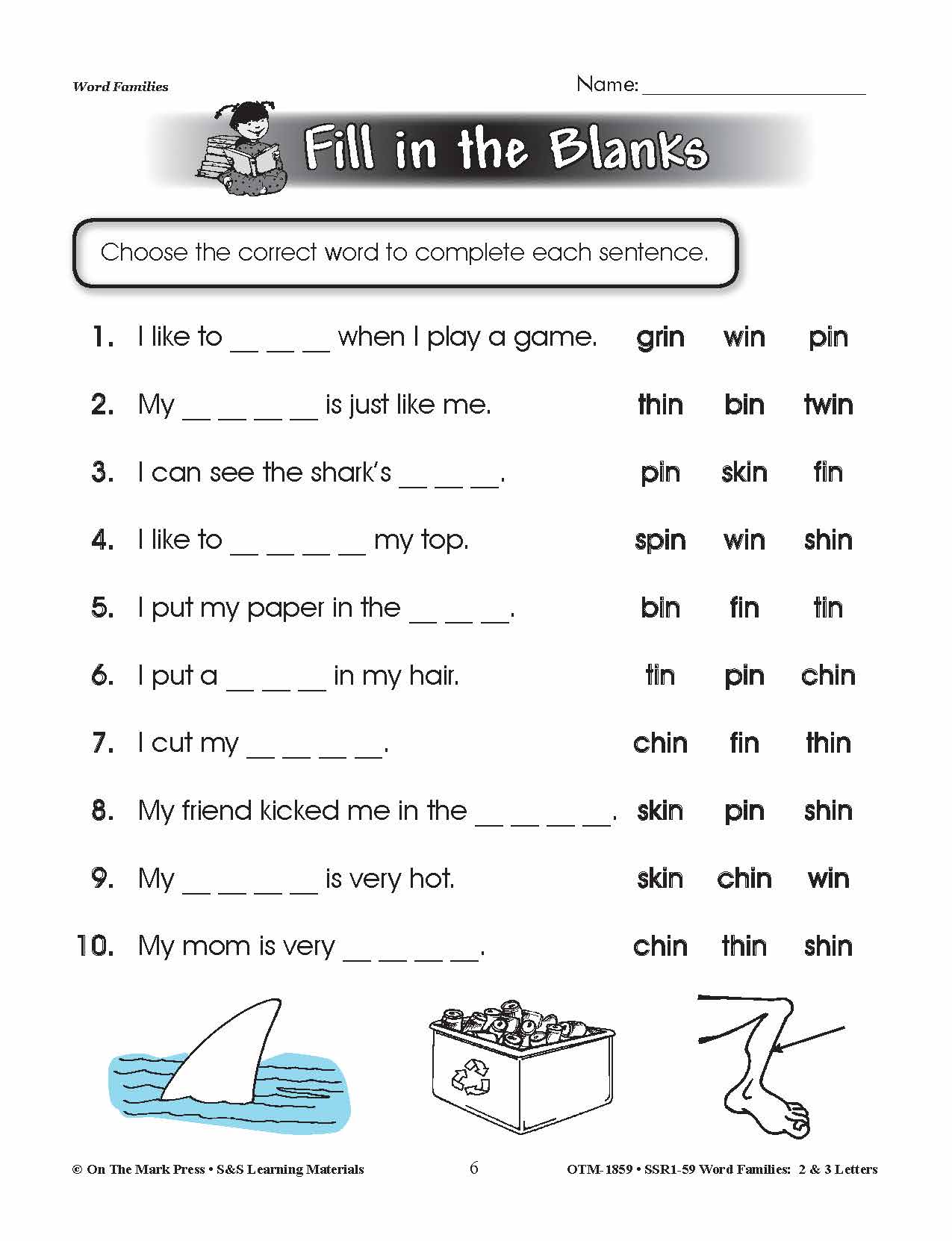 The _in Word Family Worksheets Grades 1-3
