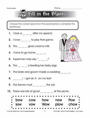 The _ow Word Family Worksheets Grades 1-3