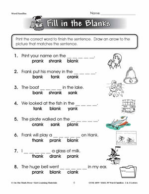 The _ank Word Family Worksheets Grades 1-3