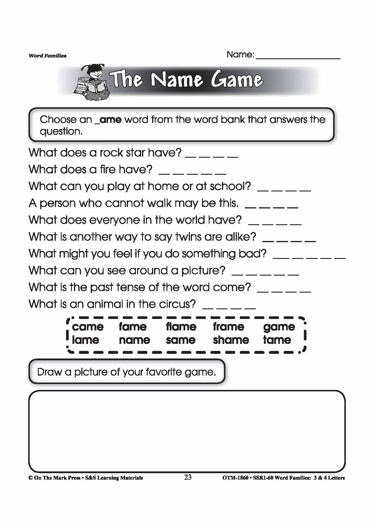 The _ame Word Family Worksheets Grades 1-3