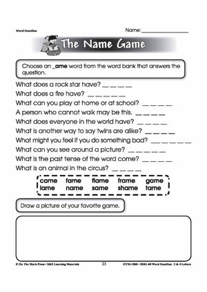The _ame Word Family Worksheets Grades 1-3