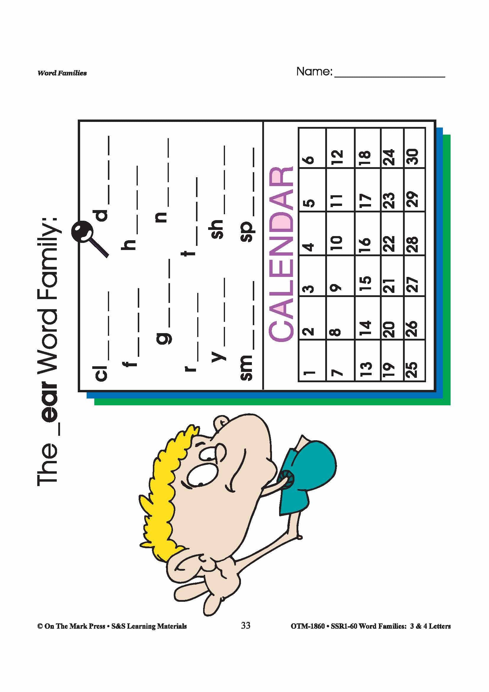 The _ear Word Family Worksheets Grades 1-3