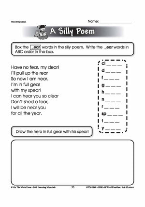 The _ear Word Family Worksheets Grades 1-3