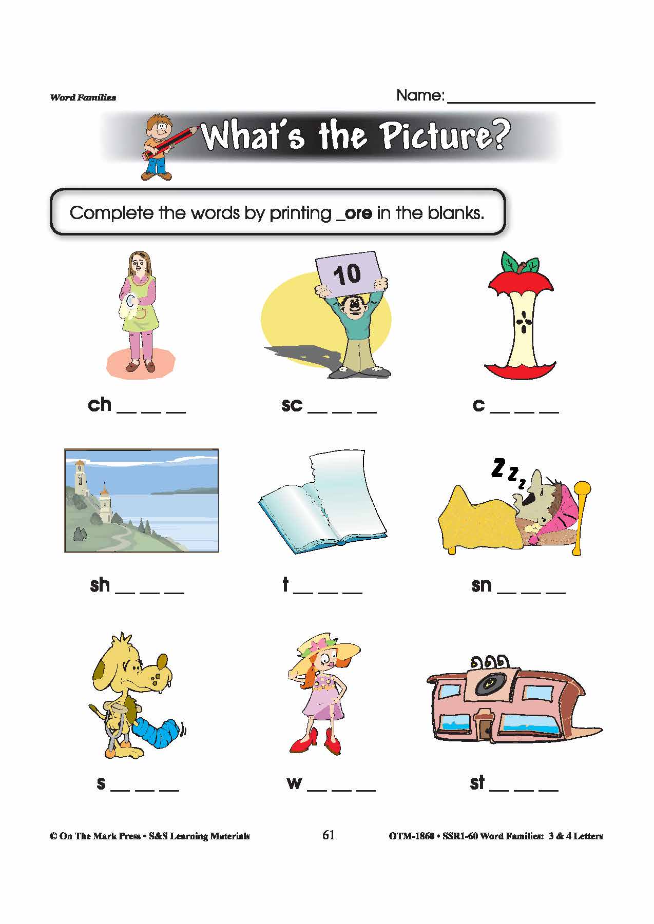 The _ore Word Family Worksheets Grades 1-3
