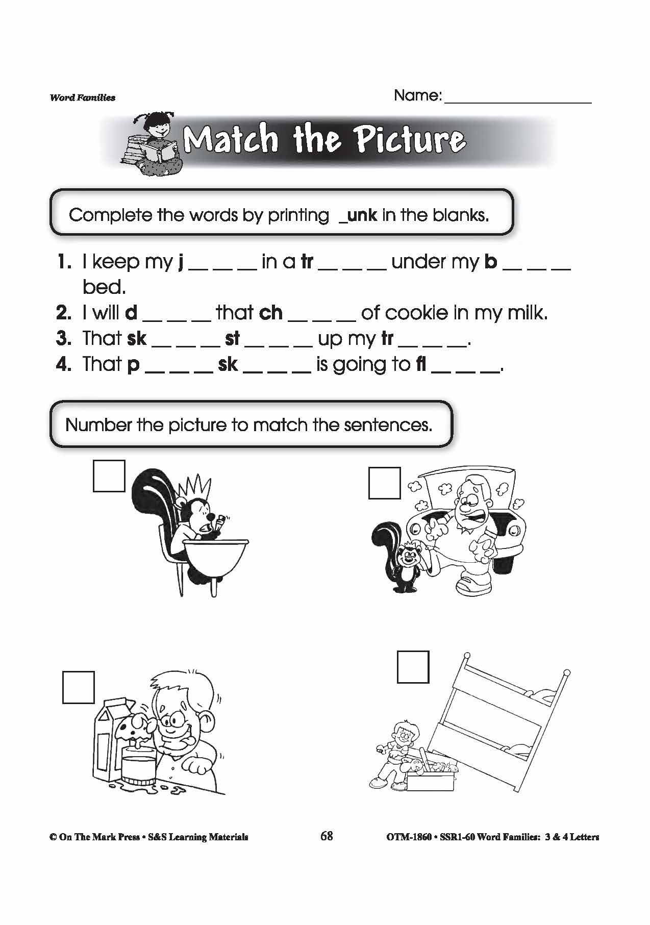 The _unk Word Family Worksheets Grades 1-3