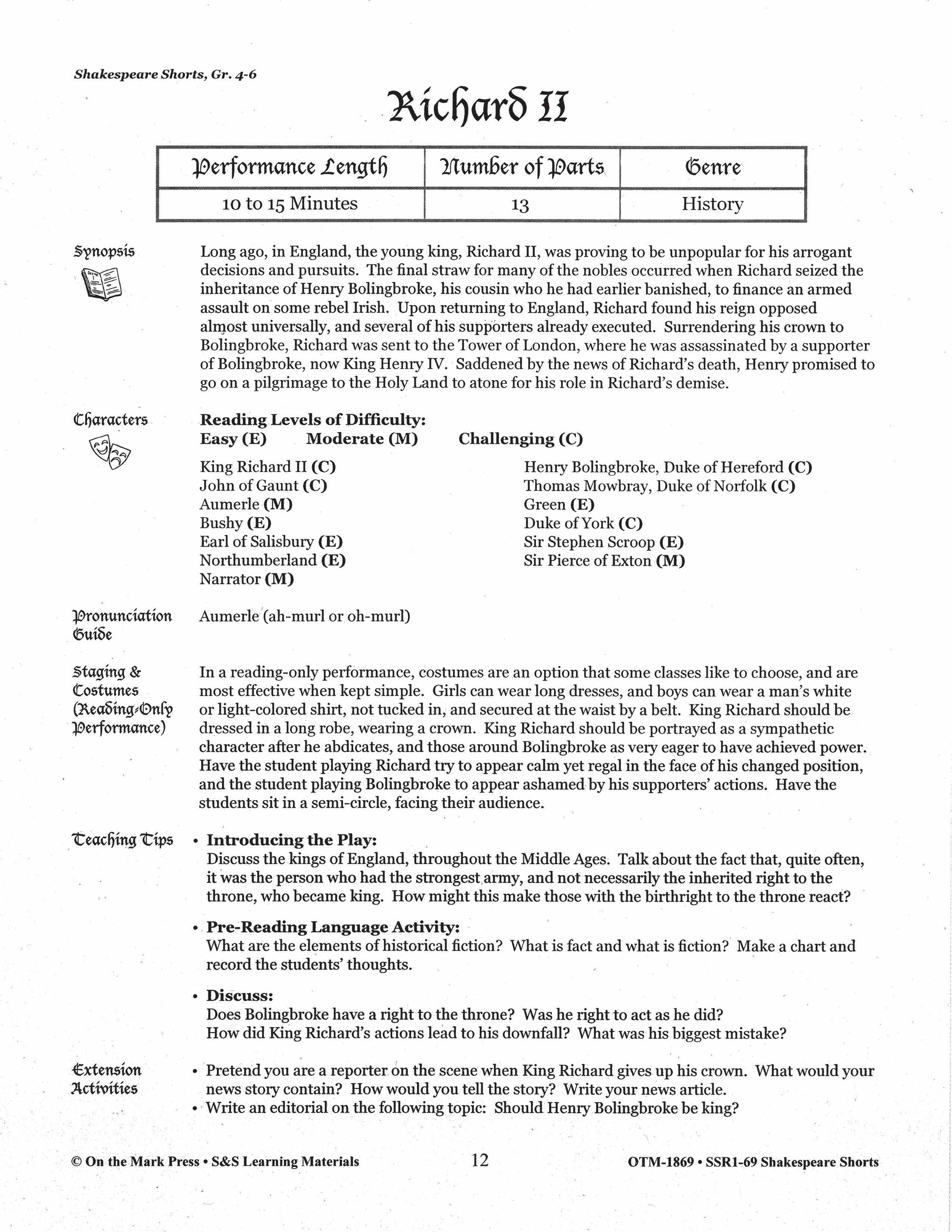 Richard II - Shakespeare Play - A Readers' Theater Script & Activities Gr. 4-6