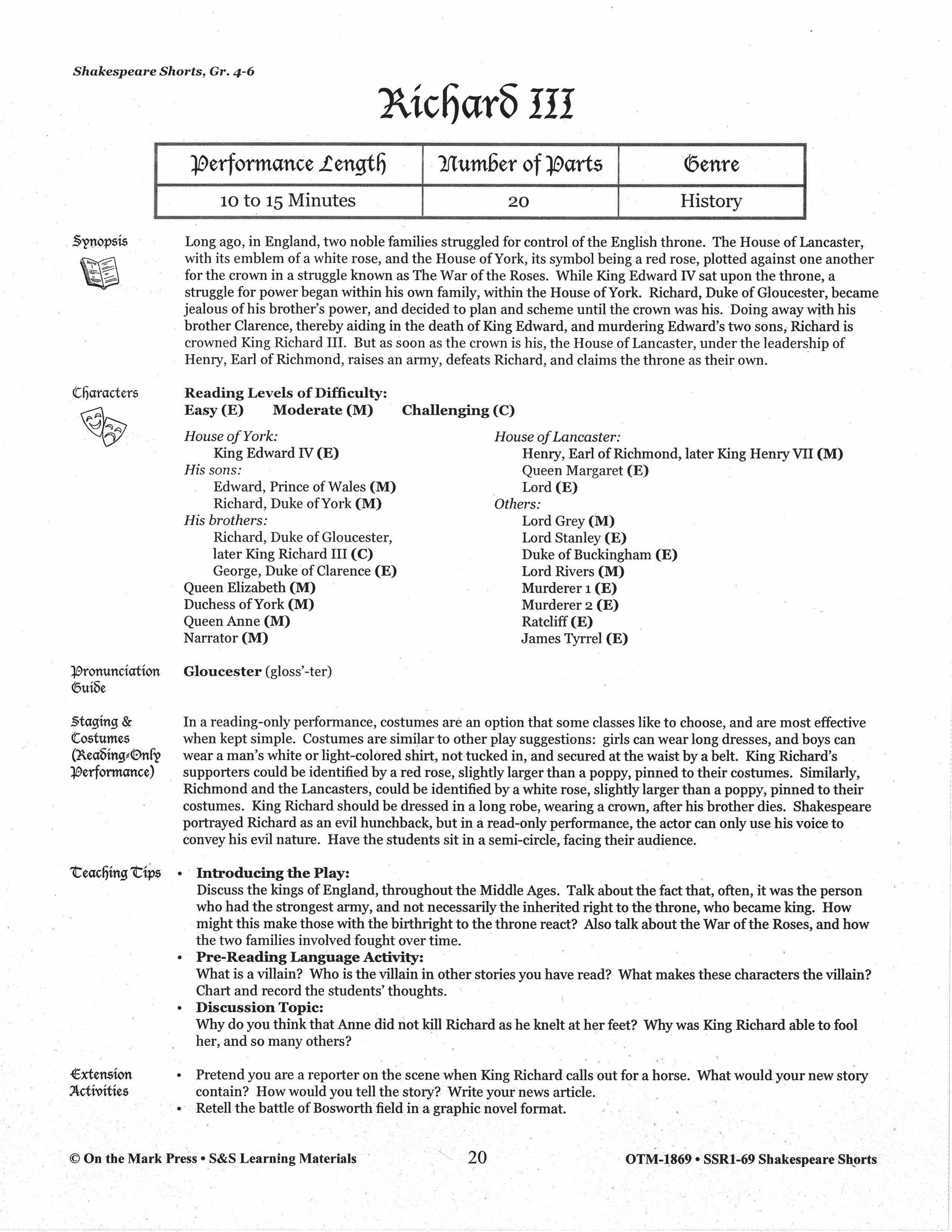 Richard III - Shakespeare Play - A Readers' Theater Script & Activities Gr. 4-6