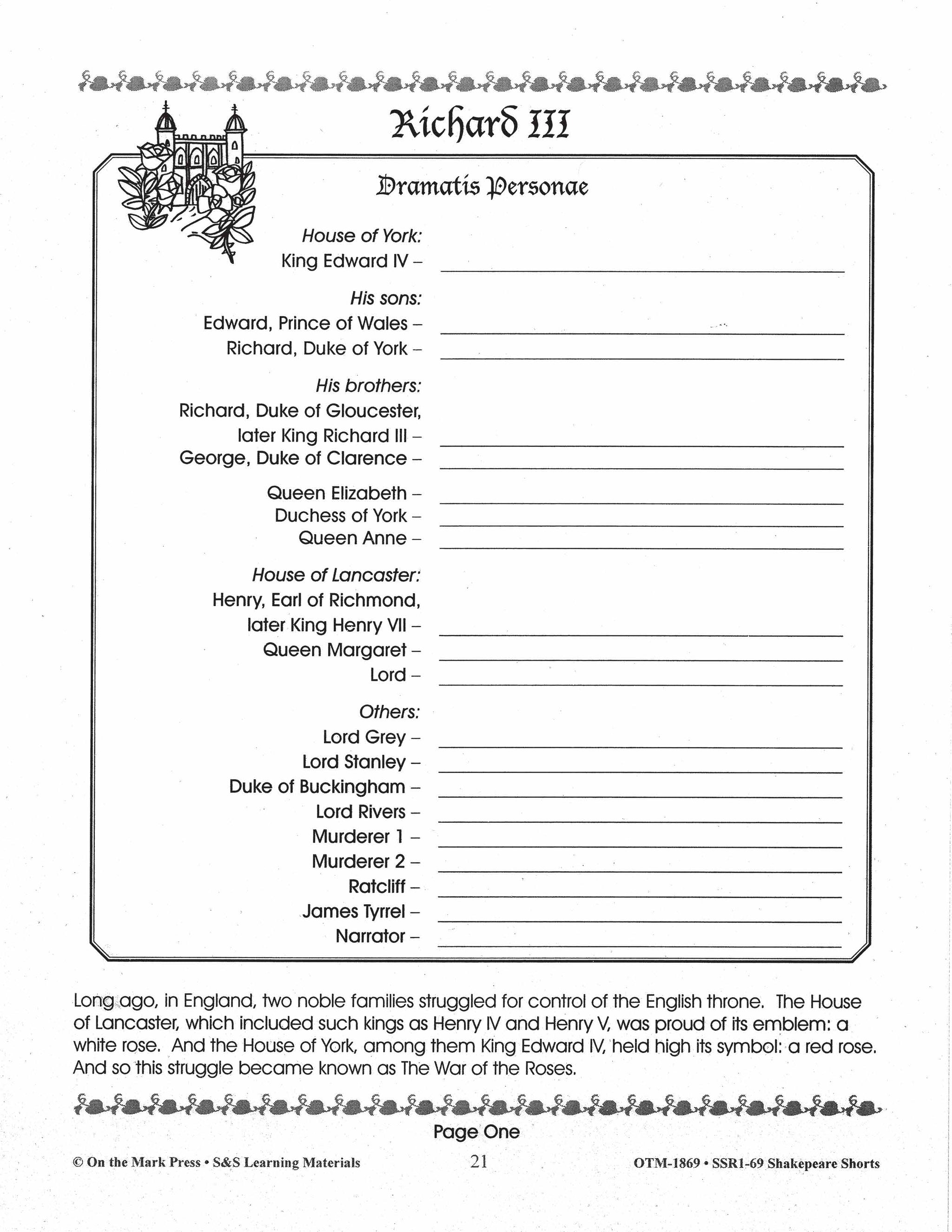 Richard III - Shakespeare Play - A Readers' Theater Script & Activities Gr. 4-6