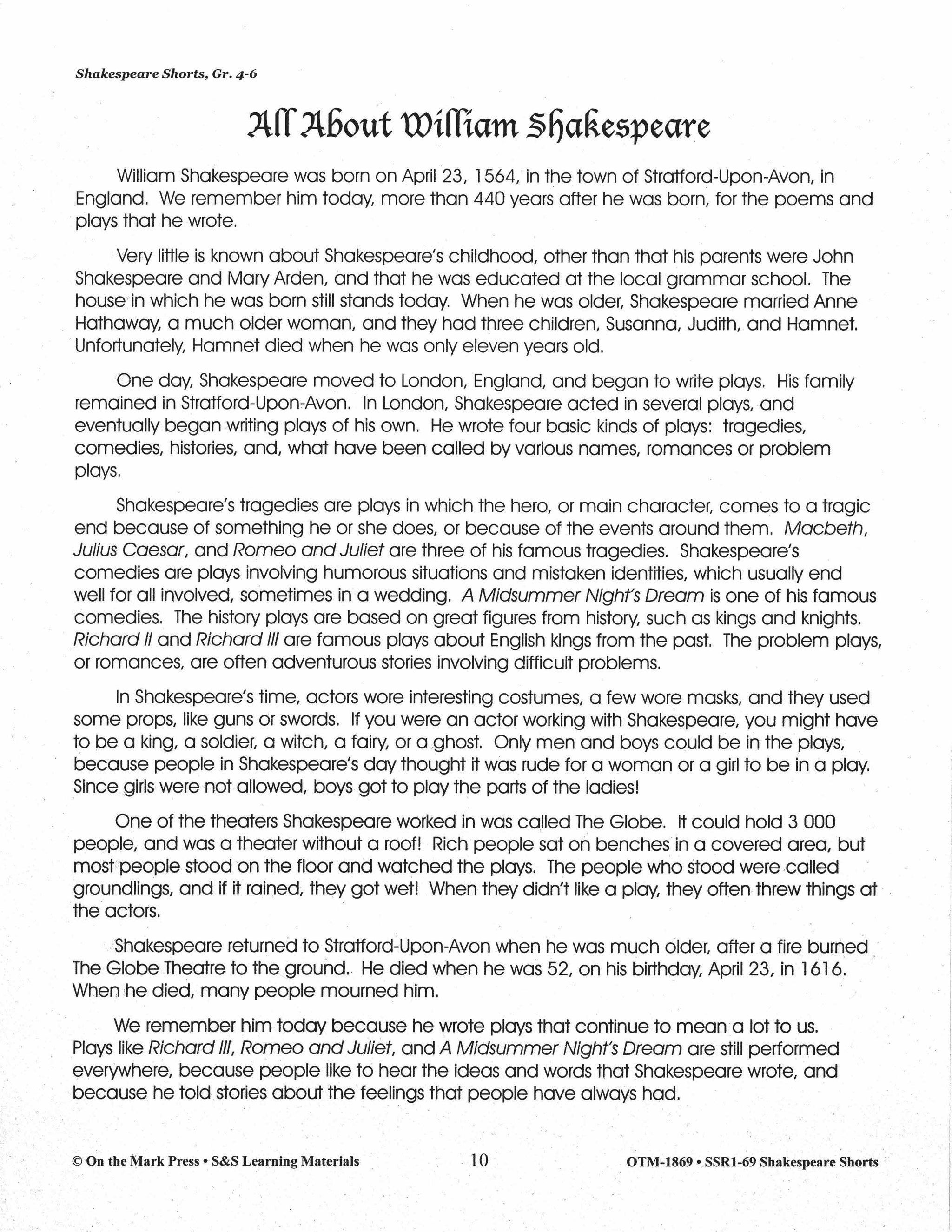 Romeo and Juliet - Shakespeare Play - A Readers' Theater Script & Activities Gr. 4-6