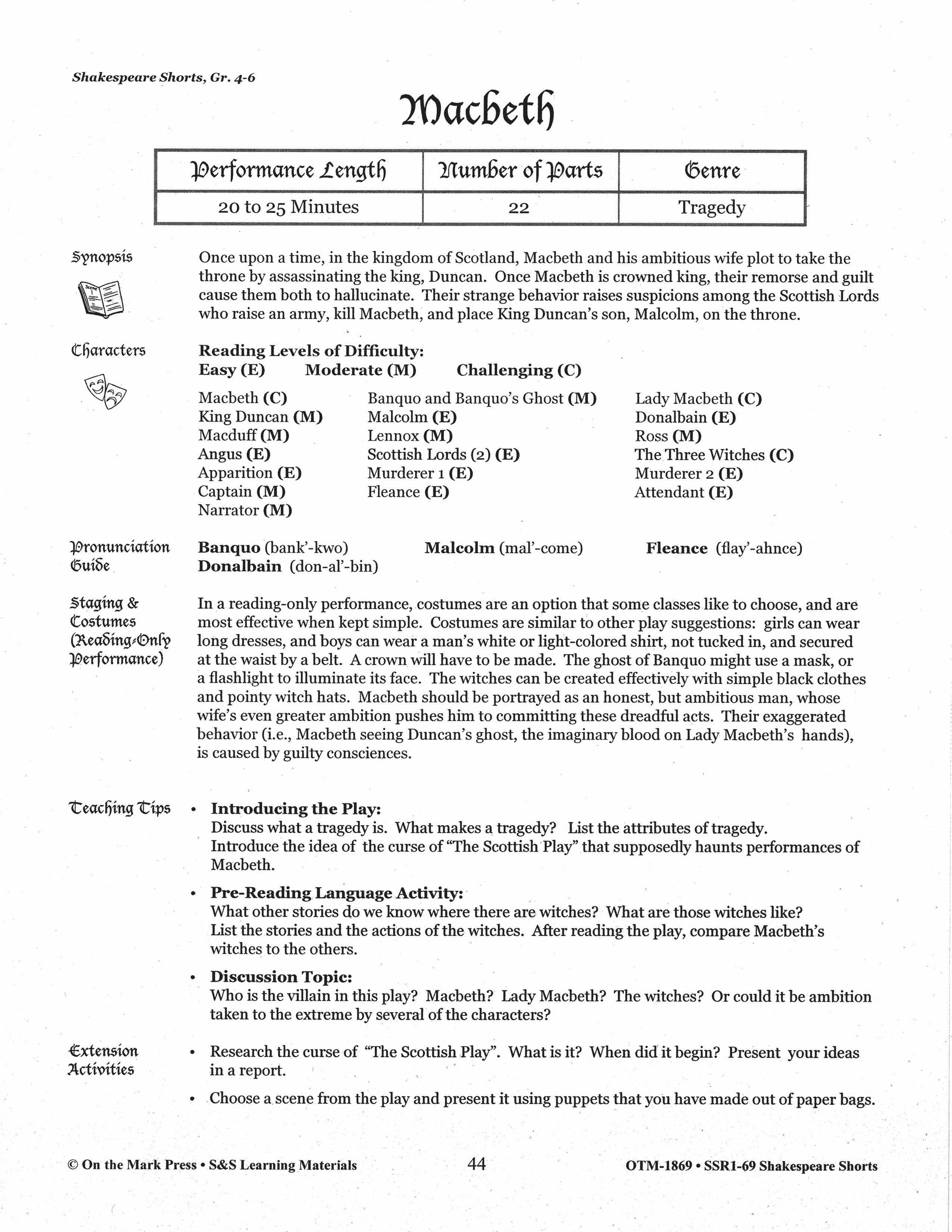 Macbeth - Shakespeare Play - A Readers' Theater Script & Activities Gr. 4-6