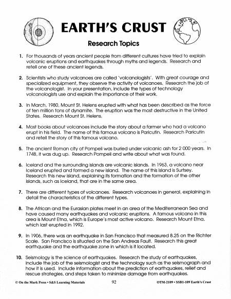Earth's Crust Research Assignment Grades 6-8