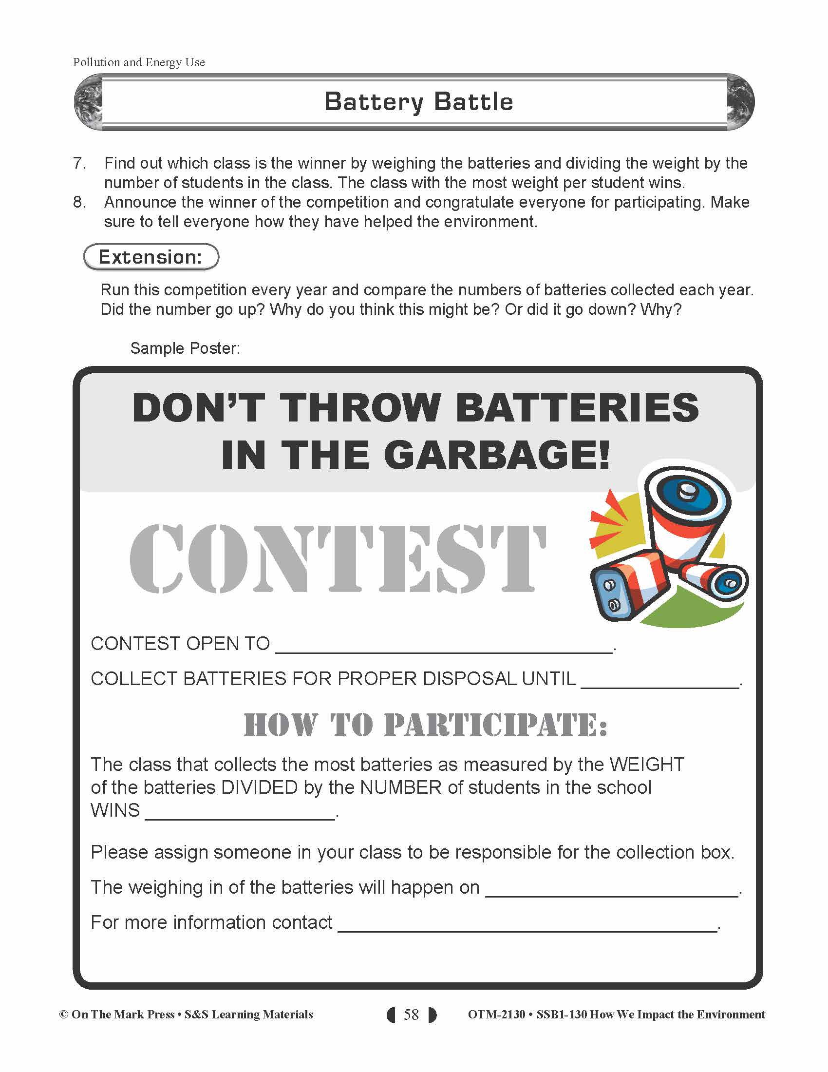 Battery Battle Lesson Gr. 5-8 (How We Impact The Environment)