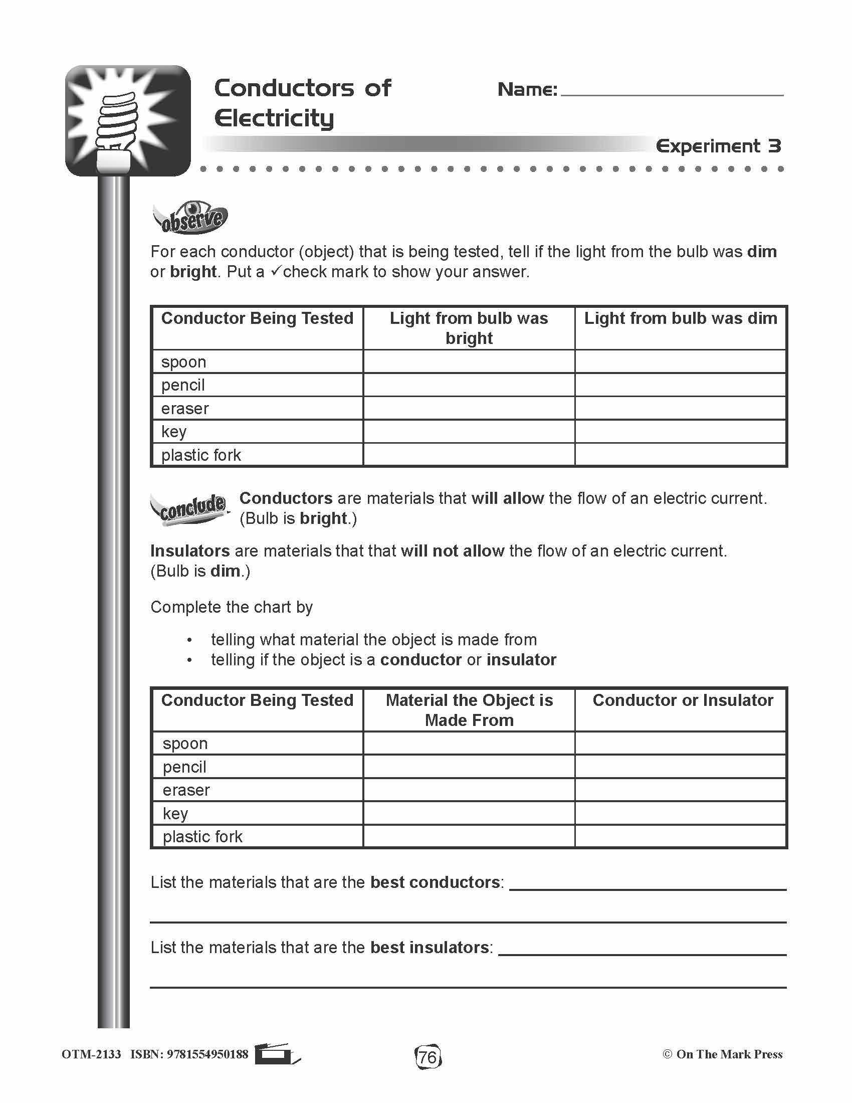 Conductors of Electricity Lesson Gr. 4-6