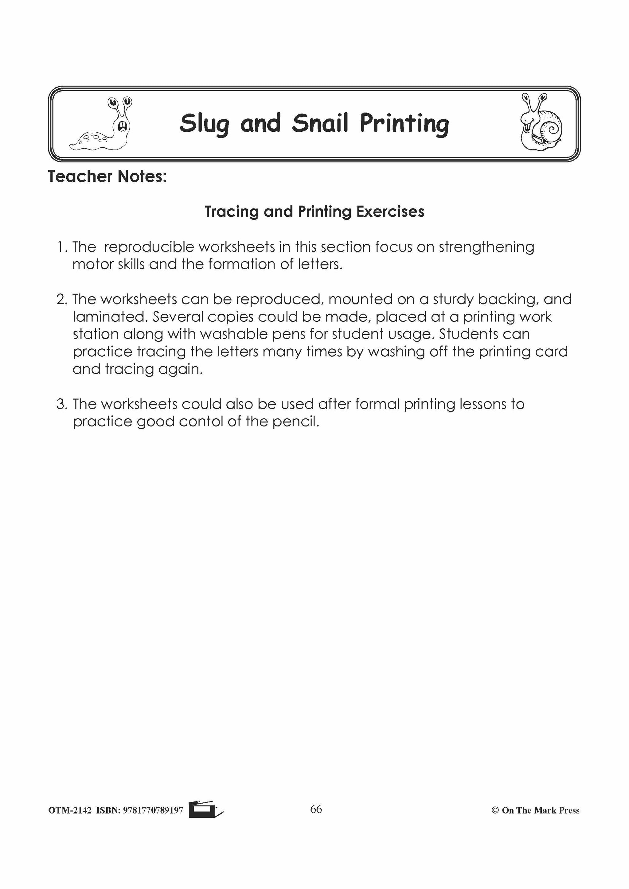 Slugs & Snails Tracing & Printing Exercises Grades 1-3