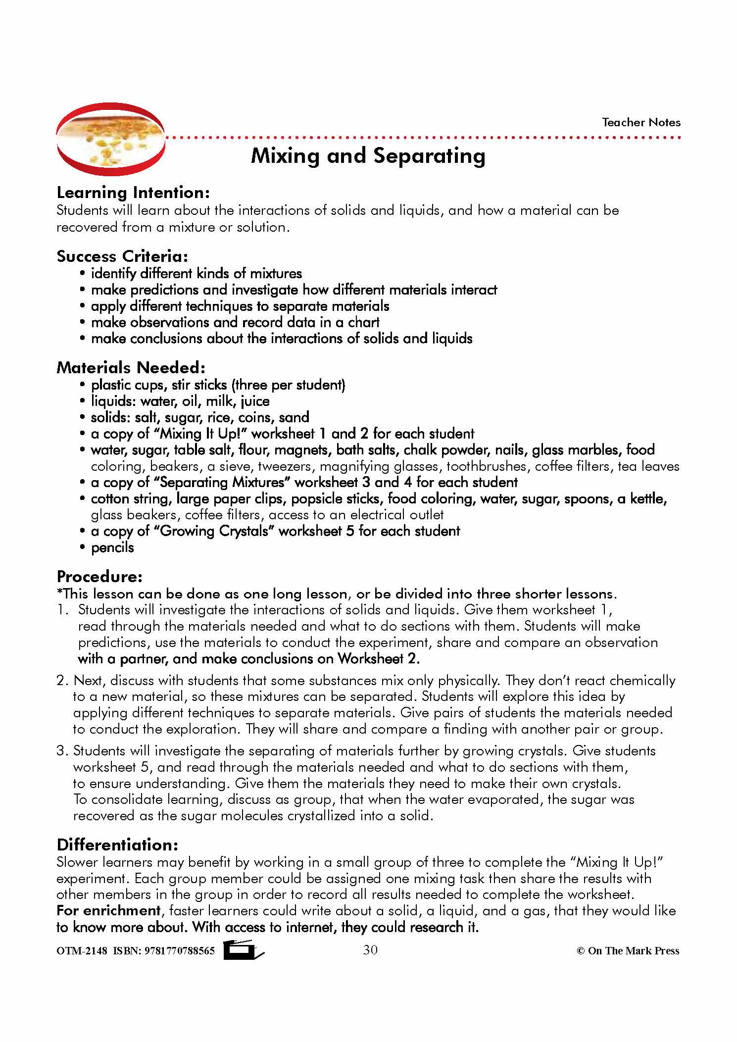 Mixing and Separating Grade 5 Lesson with Experiments