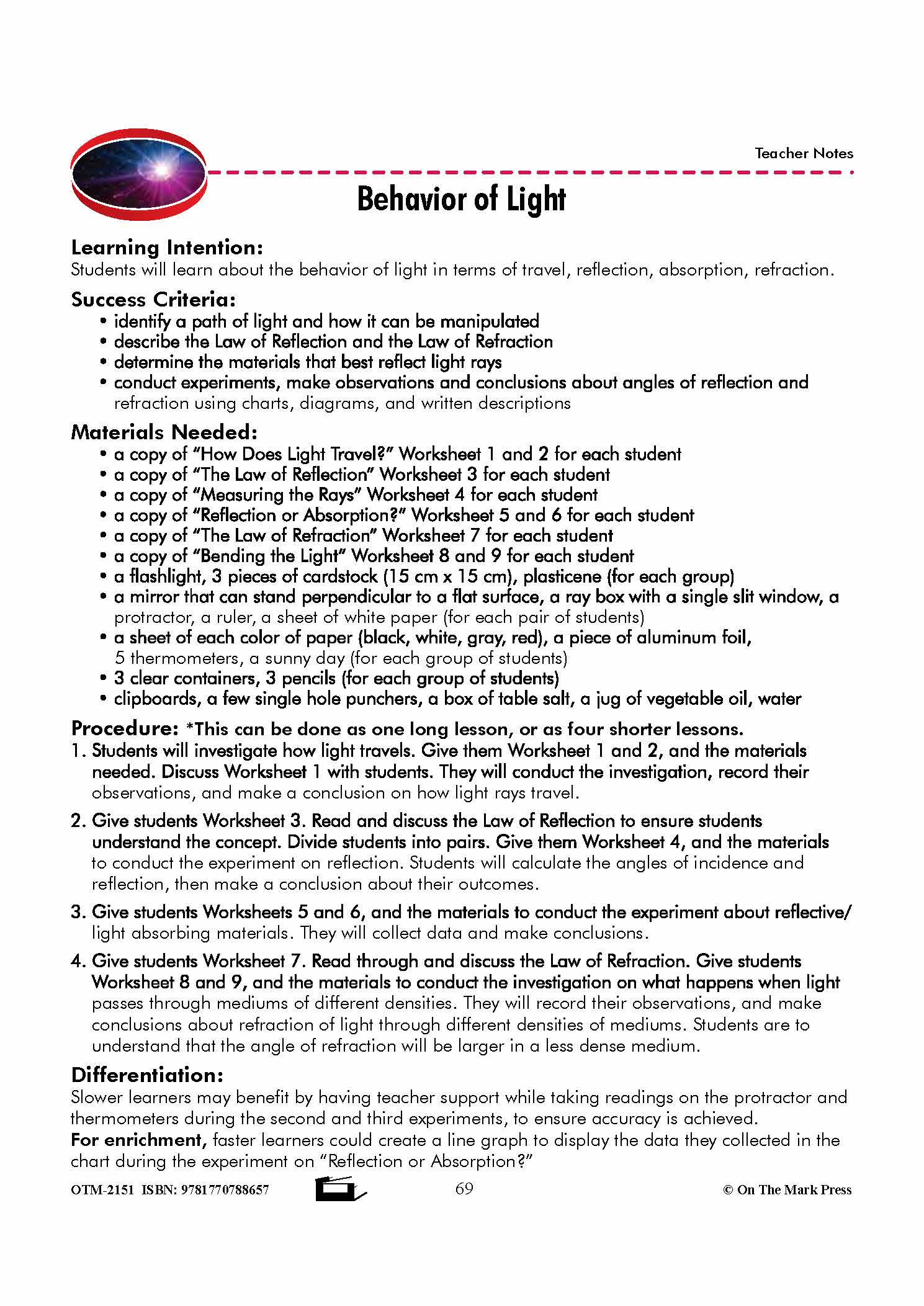 Behavior of Light Grade 8 Lesson with Experiments