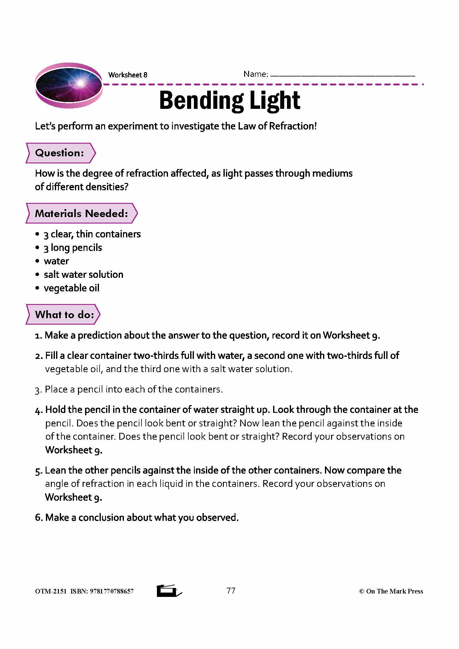 Behavior of Light Grade 8 Lesson with Experiments