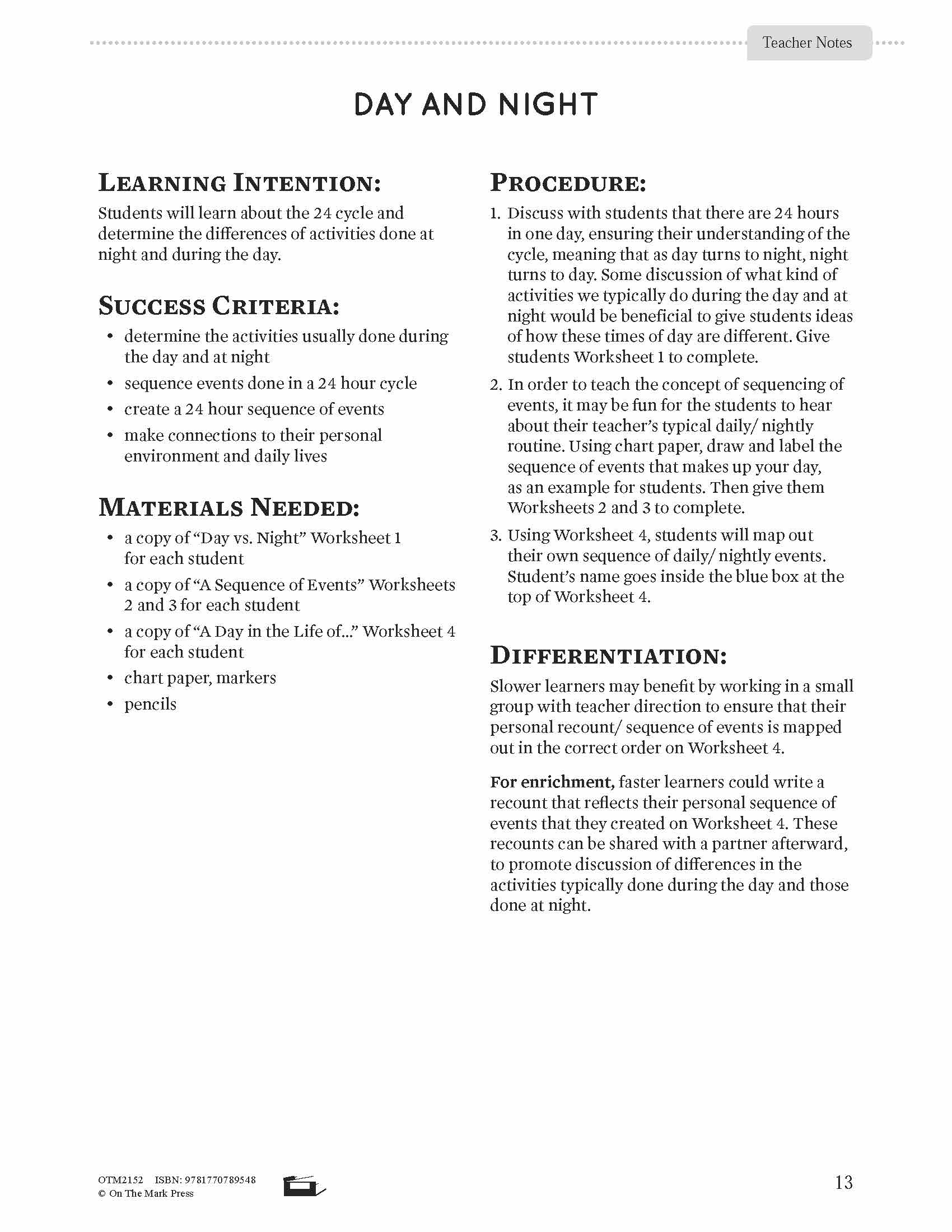 Day and Night Lesson Plan Grade 1