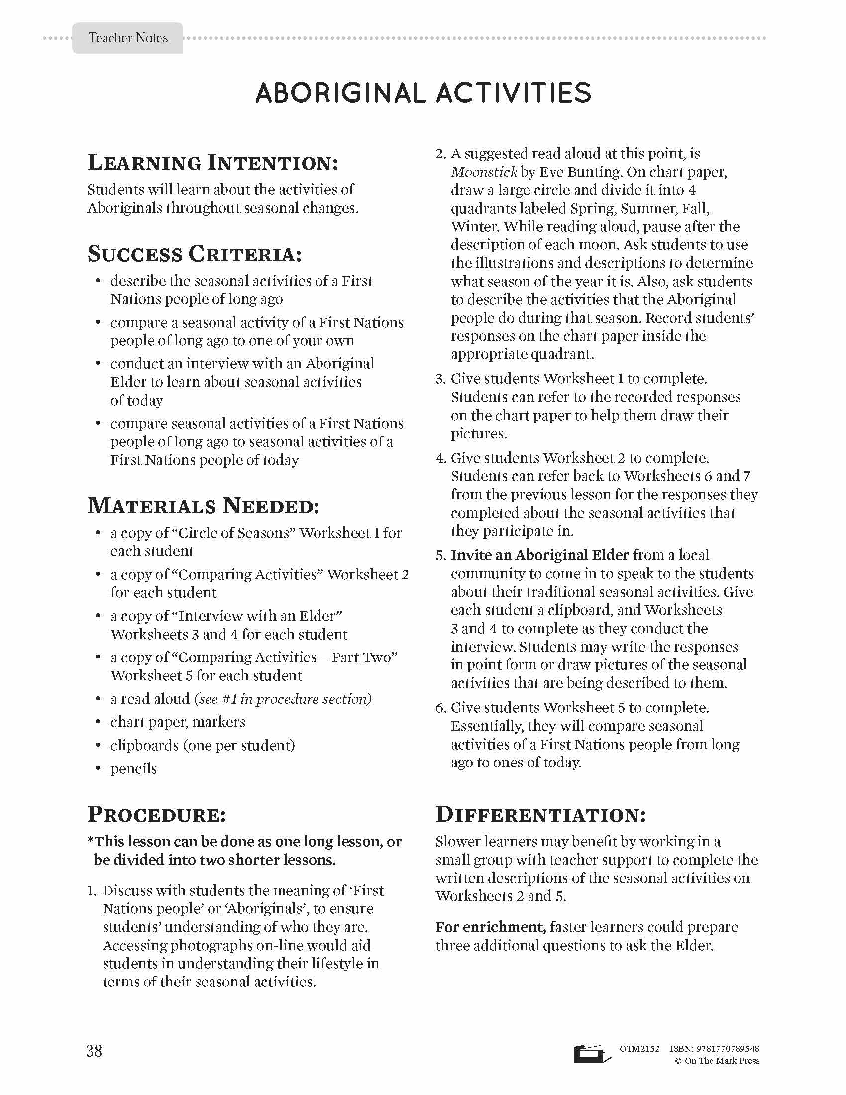 Aboriginal Activities Throughout Seasonal Changes Lesson Plan Grade 1